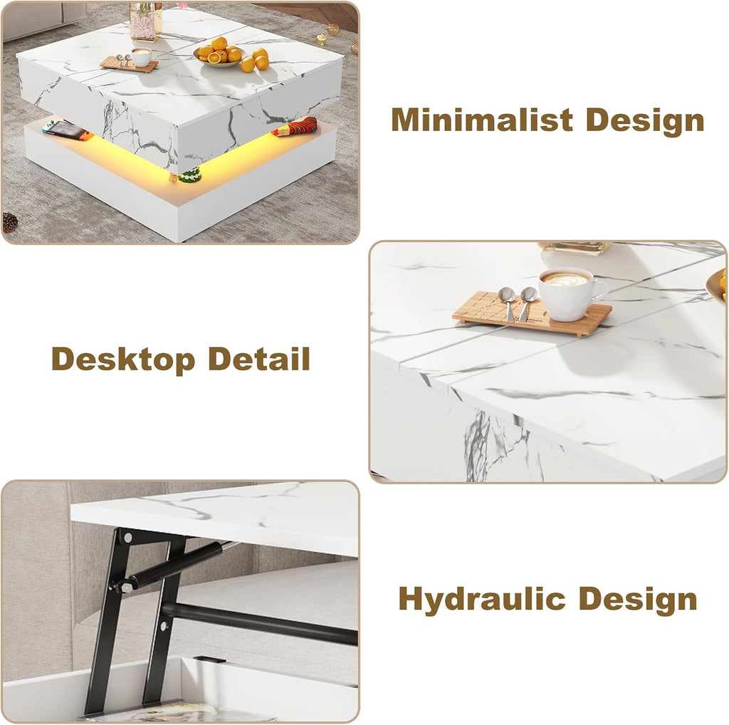 35.4' Large Square Coffee Table with Lifting top,Charging Station,Modern 2-Tier Square Center Table w/Hidden Compartment Storage,Tea Table with Wood Grain for Living Room, Office,White Marble