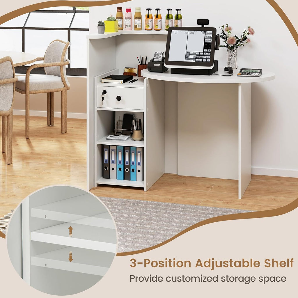 Reception Desk, Small Retail Checkout Counter with Lockable Drawer and Open Shelves, Wooden Front Desk Reception Counter, Oval Desktop & L Counter for Store Office Lobby Salon (White)