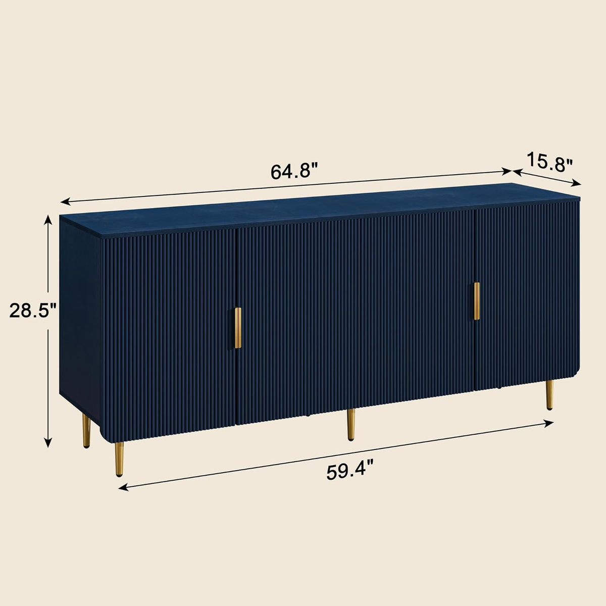 65' Fluted Sideboard Buffet Cabinet with Storage, Console Cabinet with 4 Doors & Adjustable Shelves, Modern Buffet Table for Kitchen Dining Living Room Hallway‌ Entryway, Blue