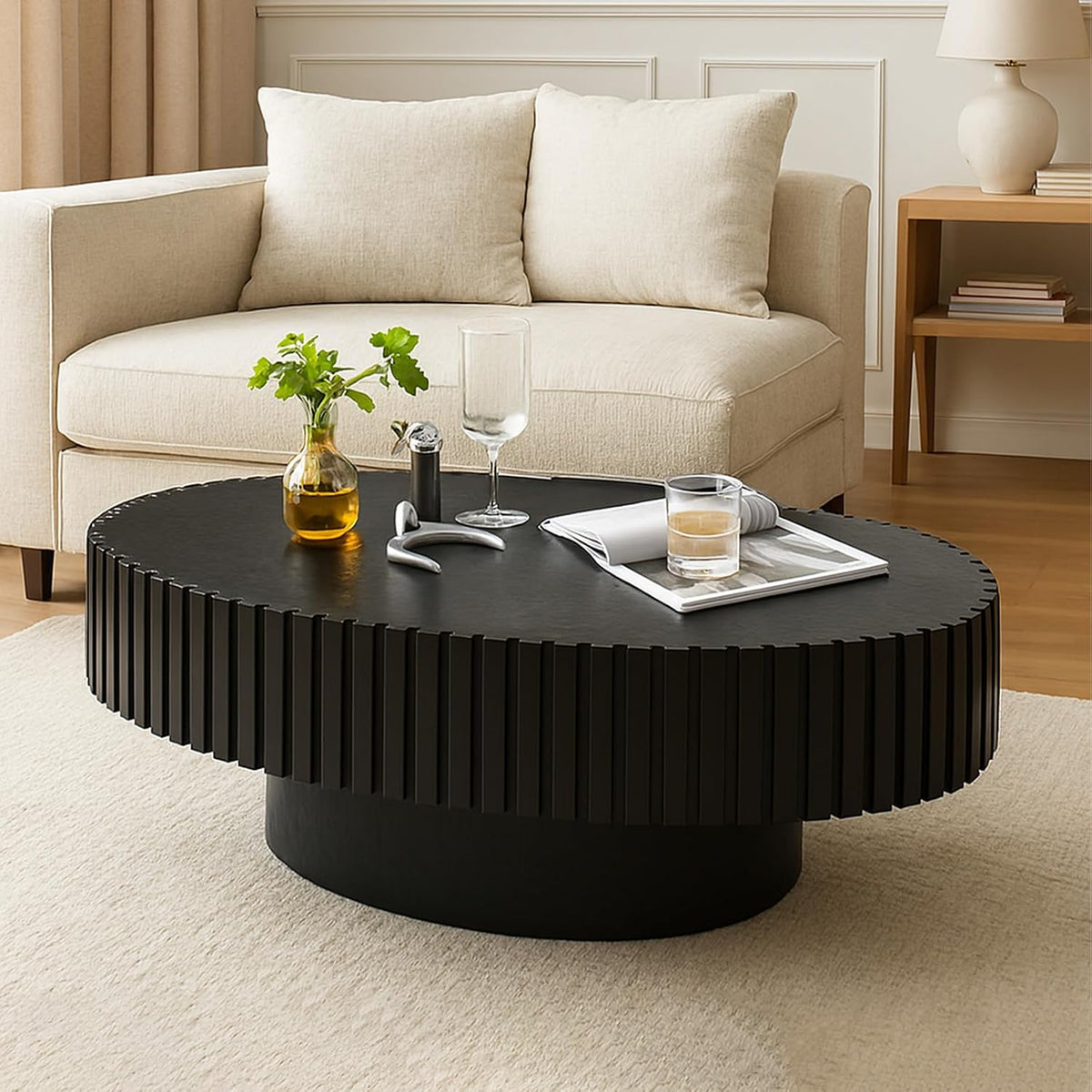 Oval Fluted Coffee Table Oval Drum Coffee Table Modern Black Fluted Coffee Tables for Living Room (Black, 44 * 24 * 14 inch)