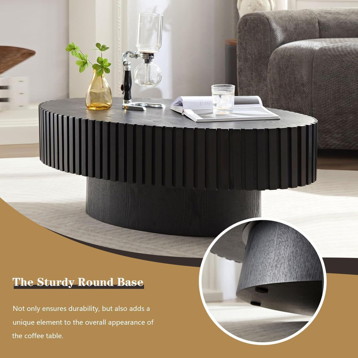 WXFKLDJ Oval Drum Coffee Table Black Fluted Coffee Table Wood Circle Center Table Pedestal End Table for Apartment Living Room (Black Oval)