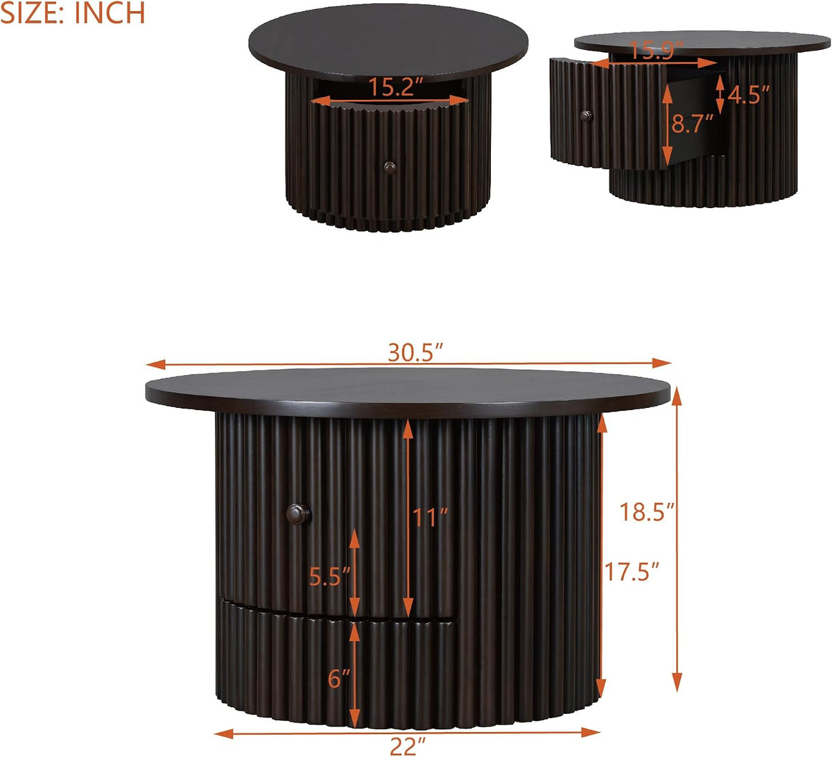 Round Coffee Table for Living Room in Dark Brown, Farmhouse Coffee Table with a Drawer, Center Table with Vertical Slat Base in 30.5'