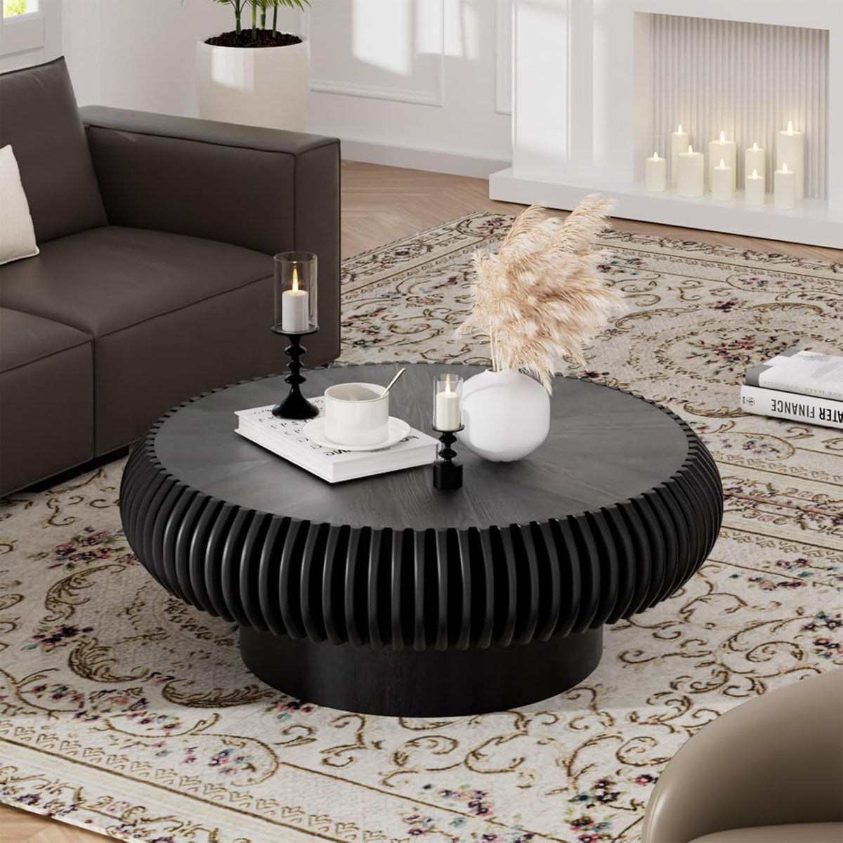 Round Handcraft Fluted Coffee Table with Sturdy Stable Pedestal Modern Luxury Drum Center Table Circle Accent Base Center Tables for Living Room Apartment (N)