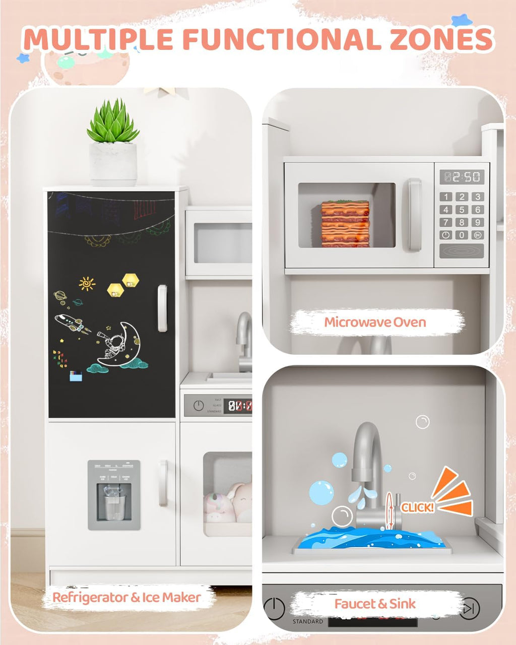 MAMIZO Wooden Corner Play Kitchen, Extra-Large Interactive Kids Kitchen Playset w/Lights & Sounds, Blackboard, Washing Machine, Ice Maker & 7 Accessories, Ultimate Pretend Toy Kitchens for Toddler