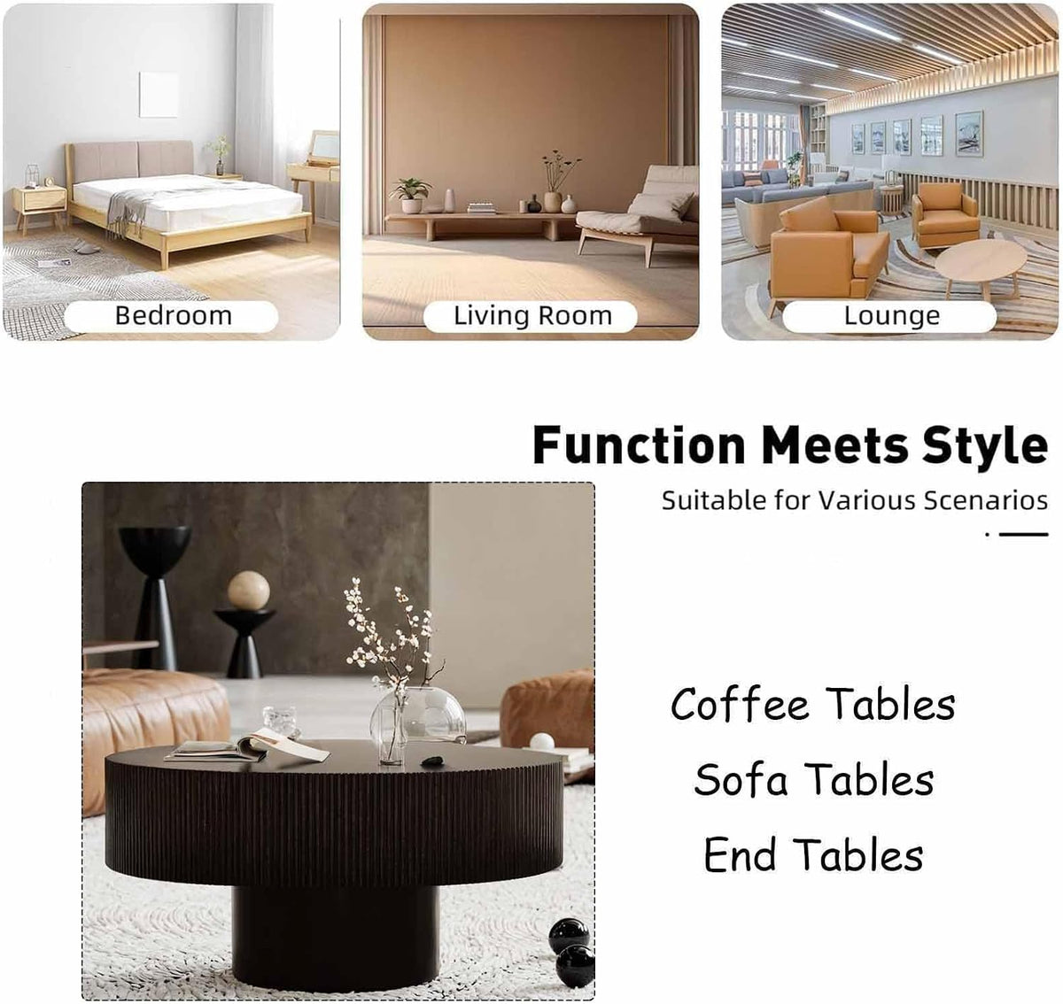 Round Fluted Coffee Table Modern Handcraft Drum Chipboard Wood Center Table, Unique Mid Century Aesthetic Low Coffee Table, for Living Room, Apartment,D
