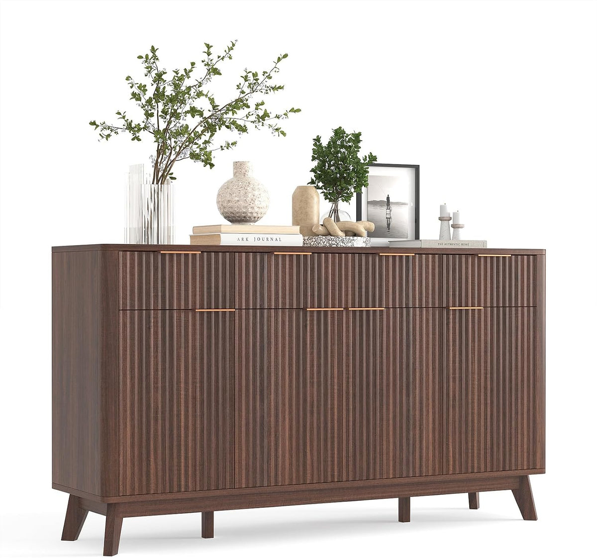 IDEALHOUSE 60' Large Farmhouse Sideboard Buffet Cabinet with Storage Drawers & Adjustable Shelves, Wood Fluted Buffet Storage Cabinet & Coffee Bar Console Table for Living Room & Kitchen Dining Room