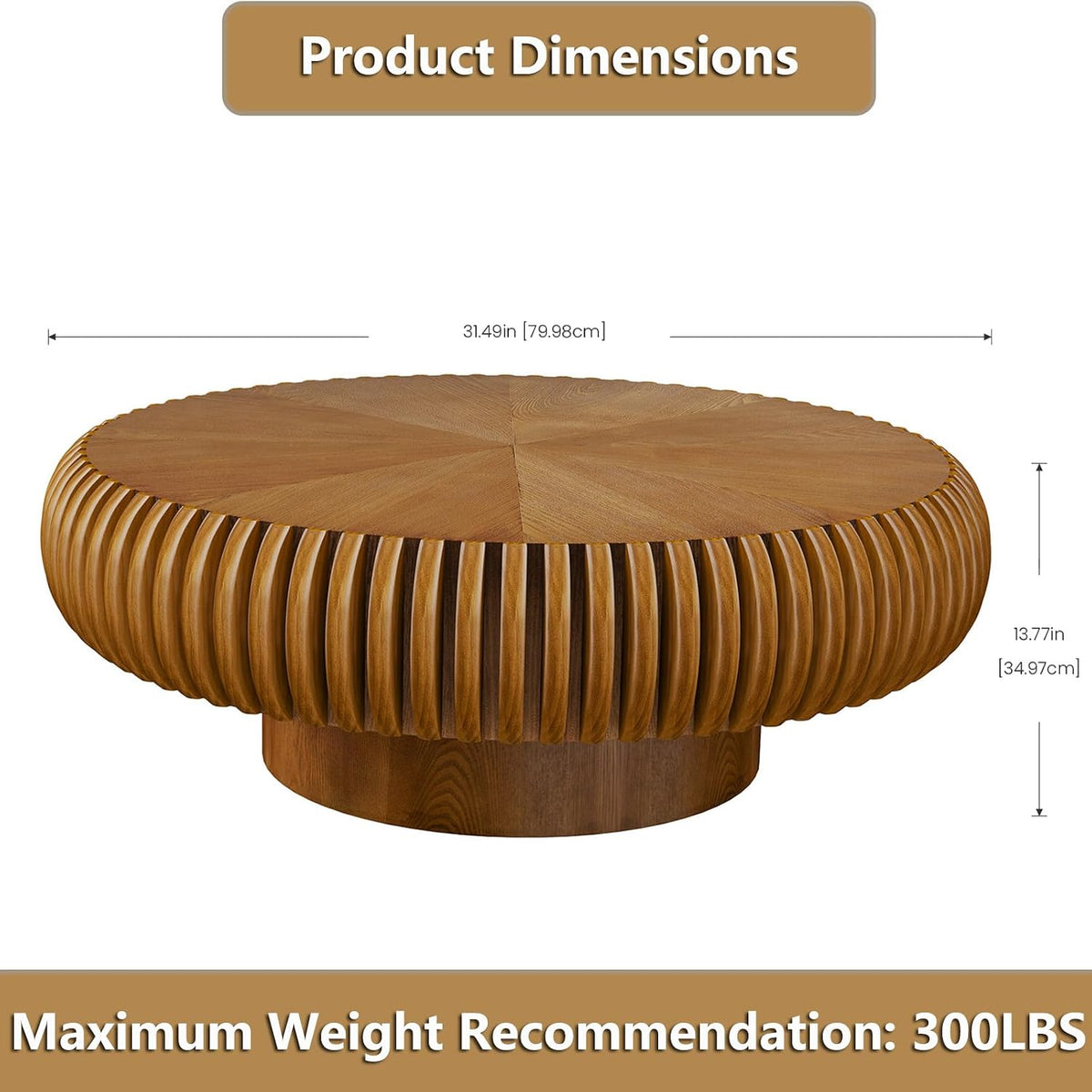 Round Handcraft Fluted Coffee Table with Sturdy Stable Pedestal Modern Luxury Drum Center Table Circle Accent Base Center Tables for Living Room Apartment (P)