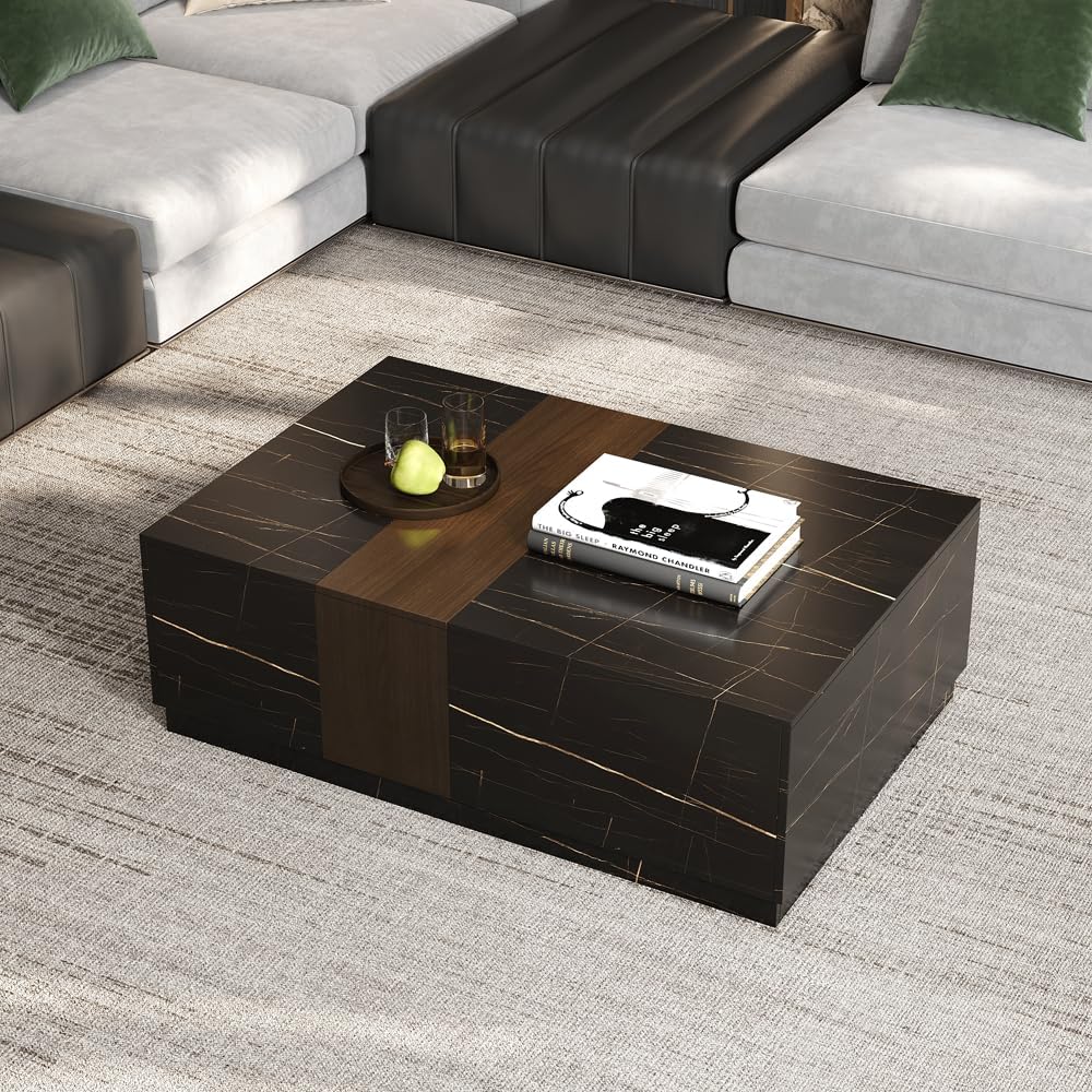 homary Marble & Walnut Coffee Table – Modern Block Design Living Room Center Table with 2 Storage Drawers, White Marble Veneer & Walnut Wood Veneer, Sturdy Base & Smooth Quiet Rails (Black)