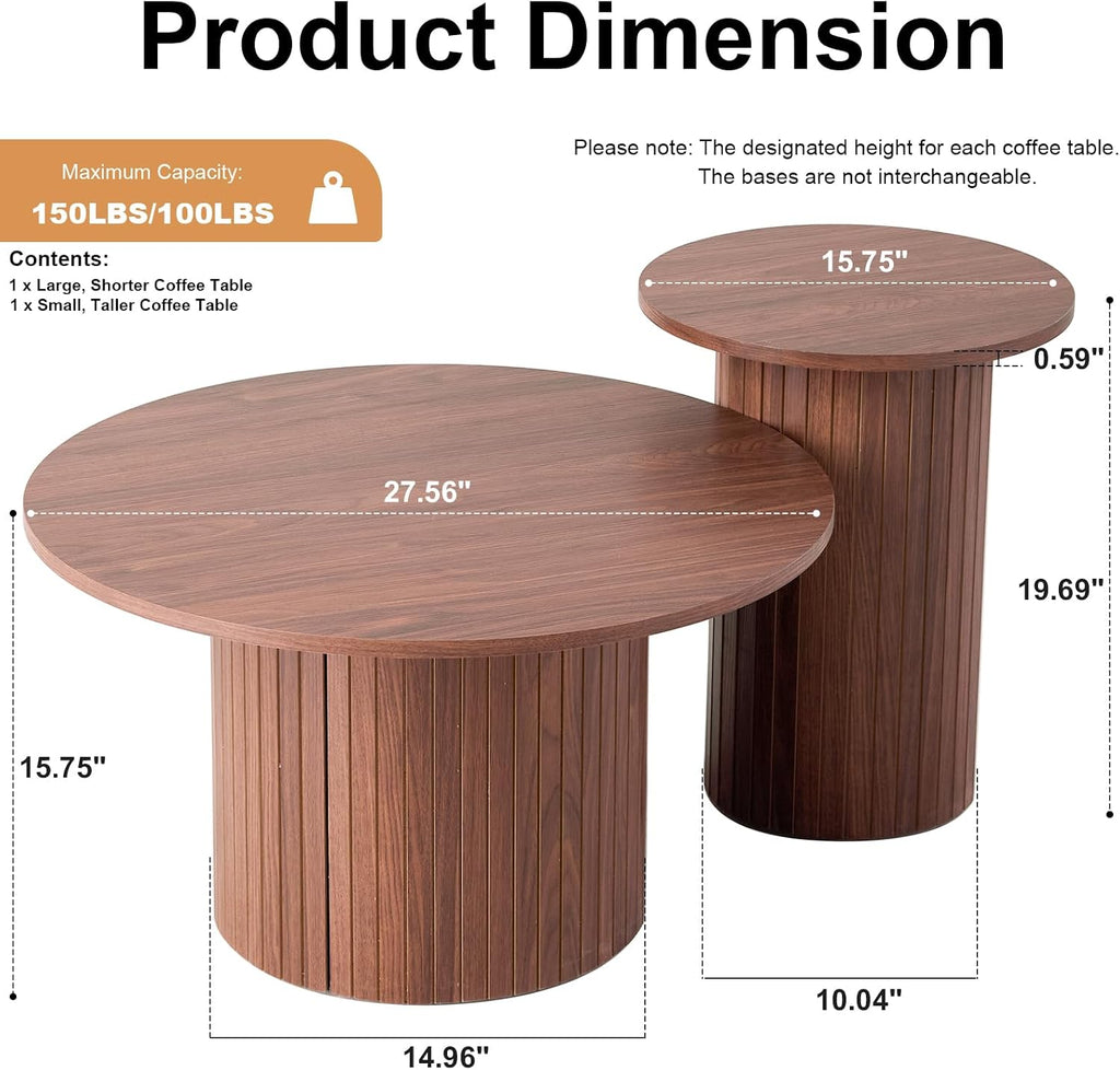 Round Nesting Coffee Tables Set of 2 -φ27.6 Large Short + φ15.8 Small Tall Boho Circle Side Tables with Fluted Drum Design, Brown