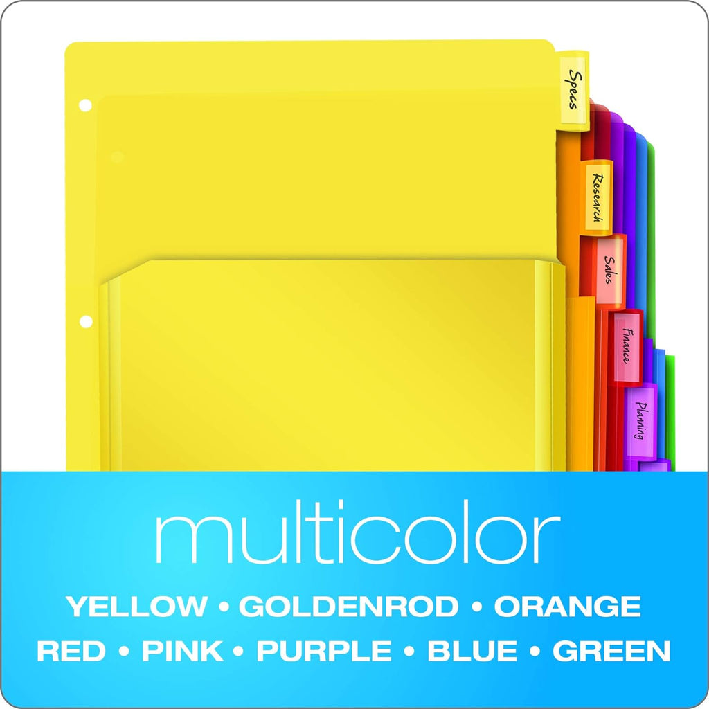 Oxford Binder Dividers with Pockets, 3 Pack, 8 Multicolor Tabs with Inserts, Pockets Expand 1/4', Flexible Lightweight Plastic Dividers for 3 Ring Binders (Pack of 8)