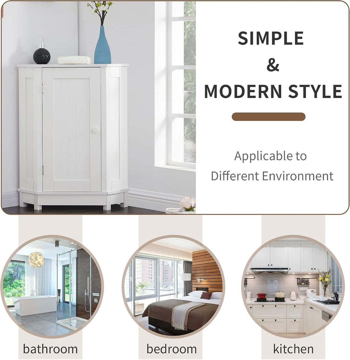 Corner Storage Cabinet with Door and Adjustable Shelf, Freestanding Floor Cupboard for Bathroom, Kitchen or Living Room, Wooden, White