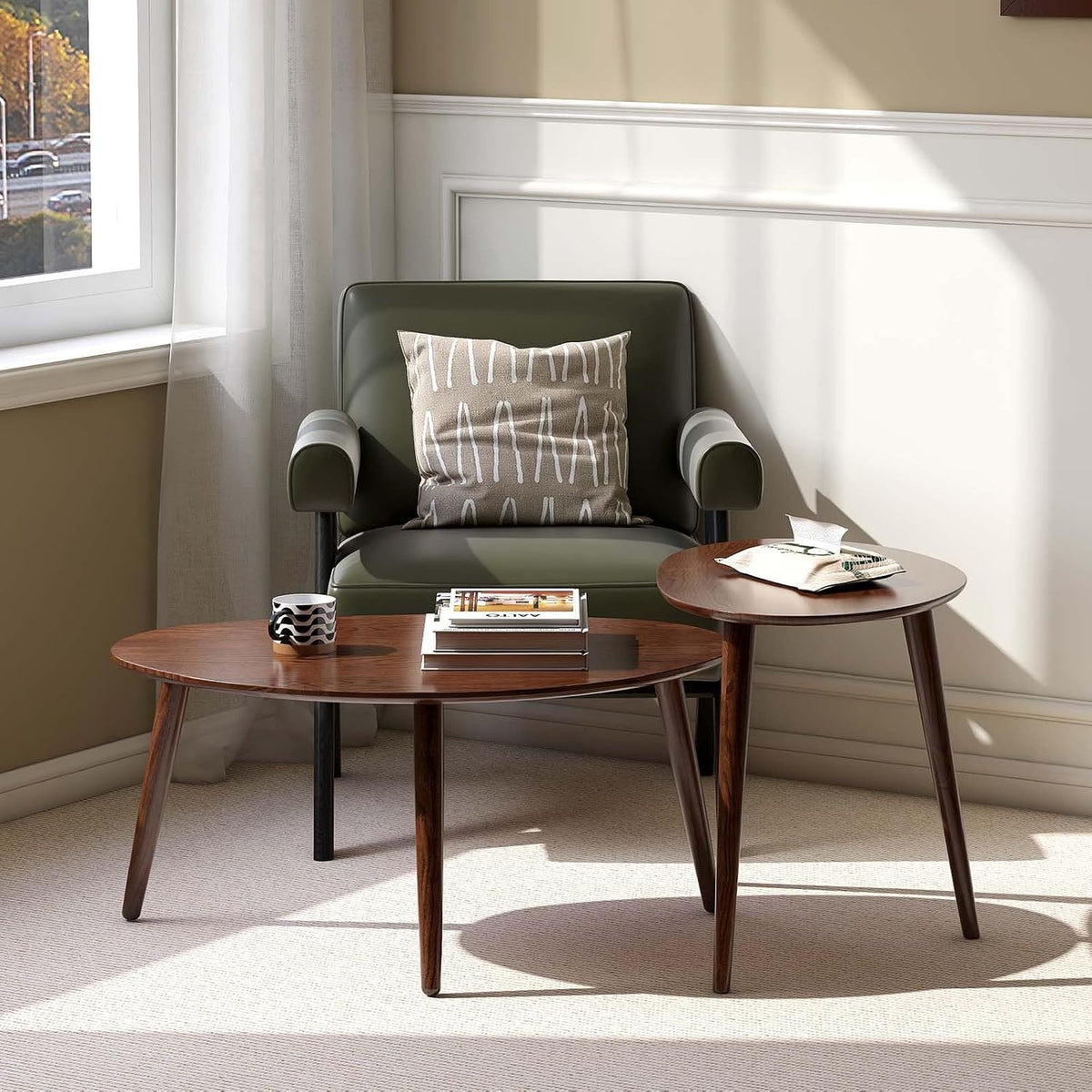 100% Solid Oak Wood Nesting Coffee Table,Mid Century Modern Oval Coffee Tables Set, Round Tables for Living Room, Pebble Side Table for Balcony (Walnut, Combine)