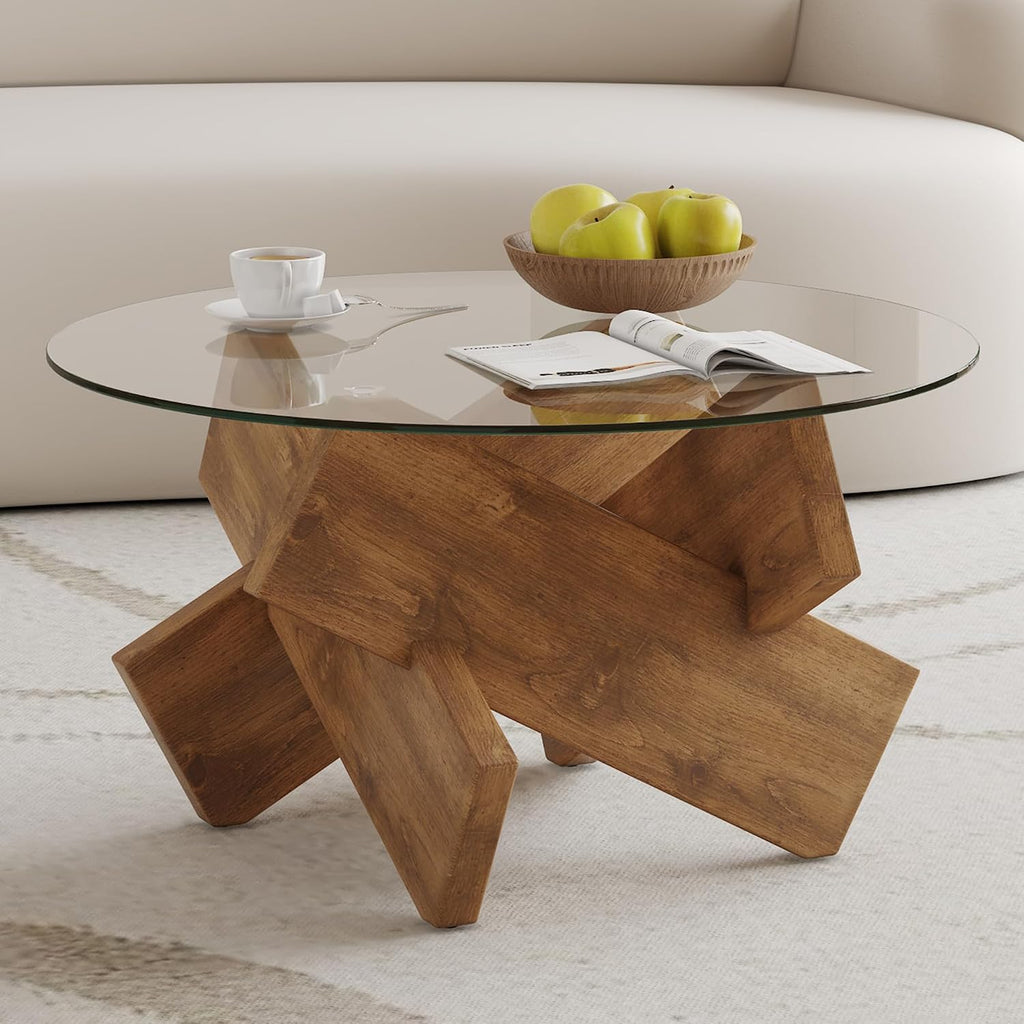 Glass Coffee Tables for Living Room Modern Elegant Round Coffee Table Mid Century Farmhouse Center Table with Wooden Base and Tempered Glass Tabletop, Easy Assembly,33.4 inch