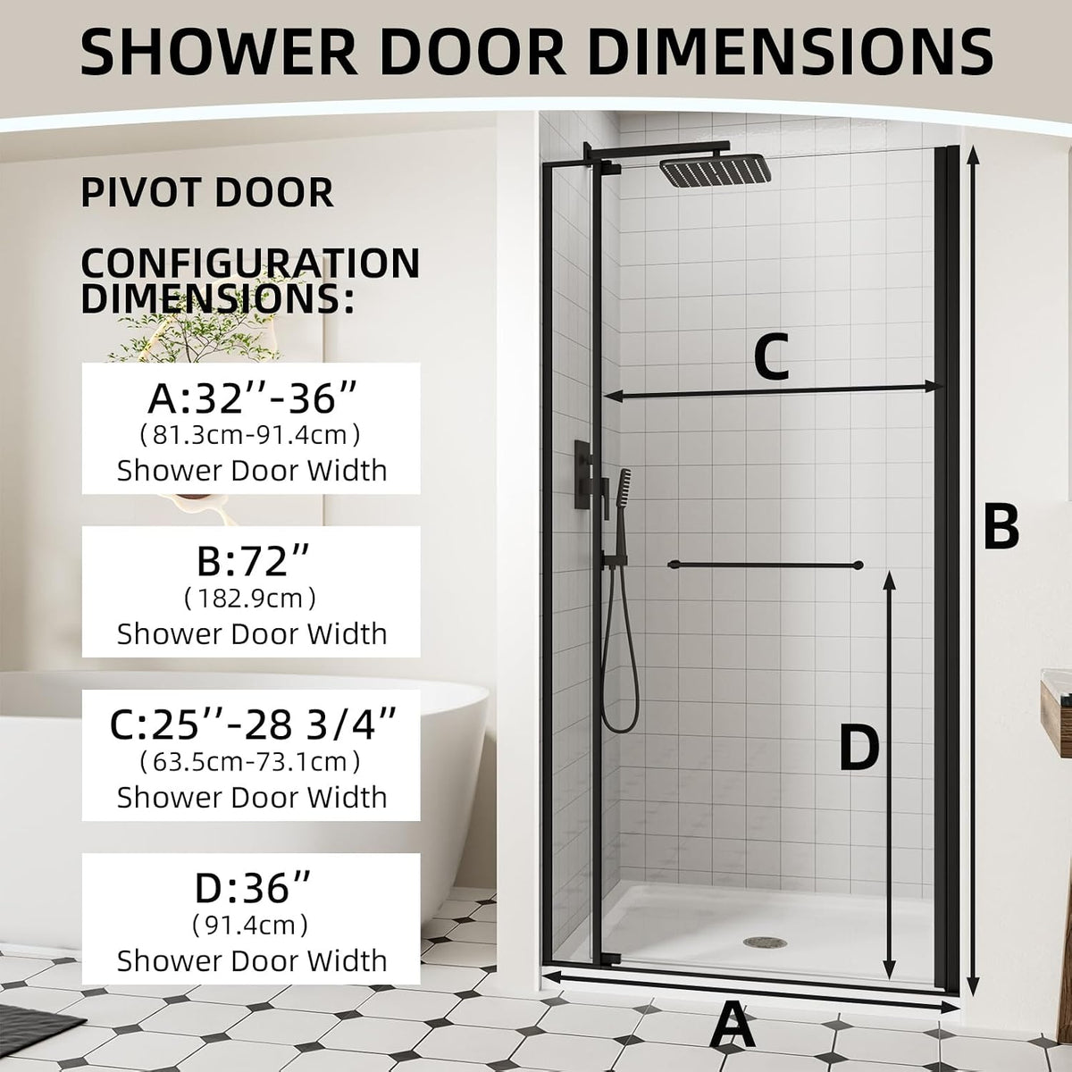 ACE DECOR 32-36' W x 72' H Frameless Pivot Shower Door, Pivot Swing Shower Glass Door with 1/4' (6mm) and 5/16' (8mm) Tempered Glass, Easy-Clean Coating, Matte Black Finish, Reversible Installation