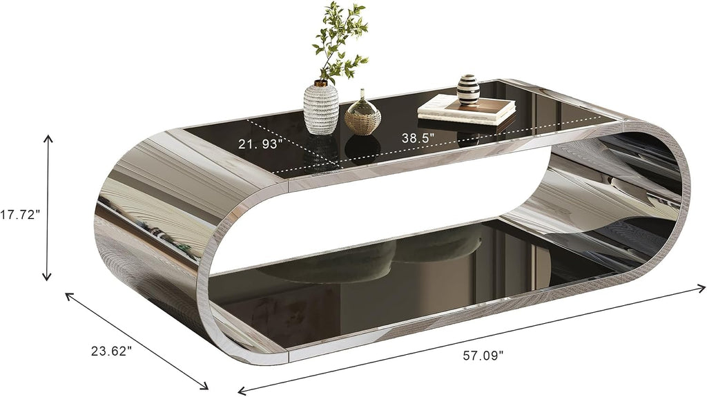 LUMISOL Luxurious Coffee Table with Black Glass Top, Oval Center Table with Storage, 2-Tier Glass Living Room Table with Stainless Steel Chrome Base, Silver