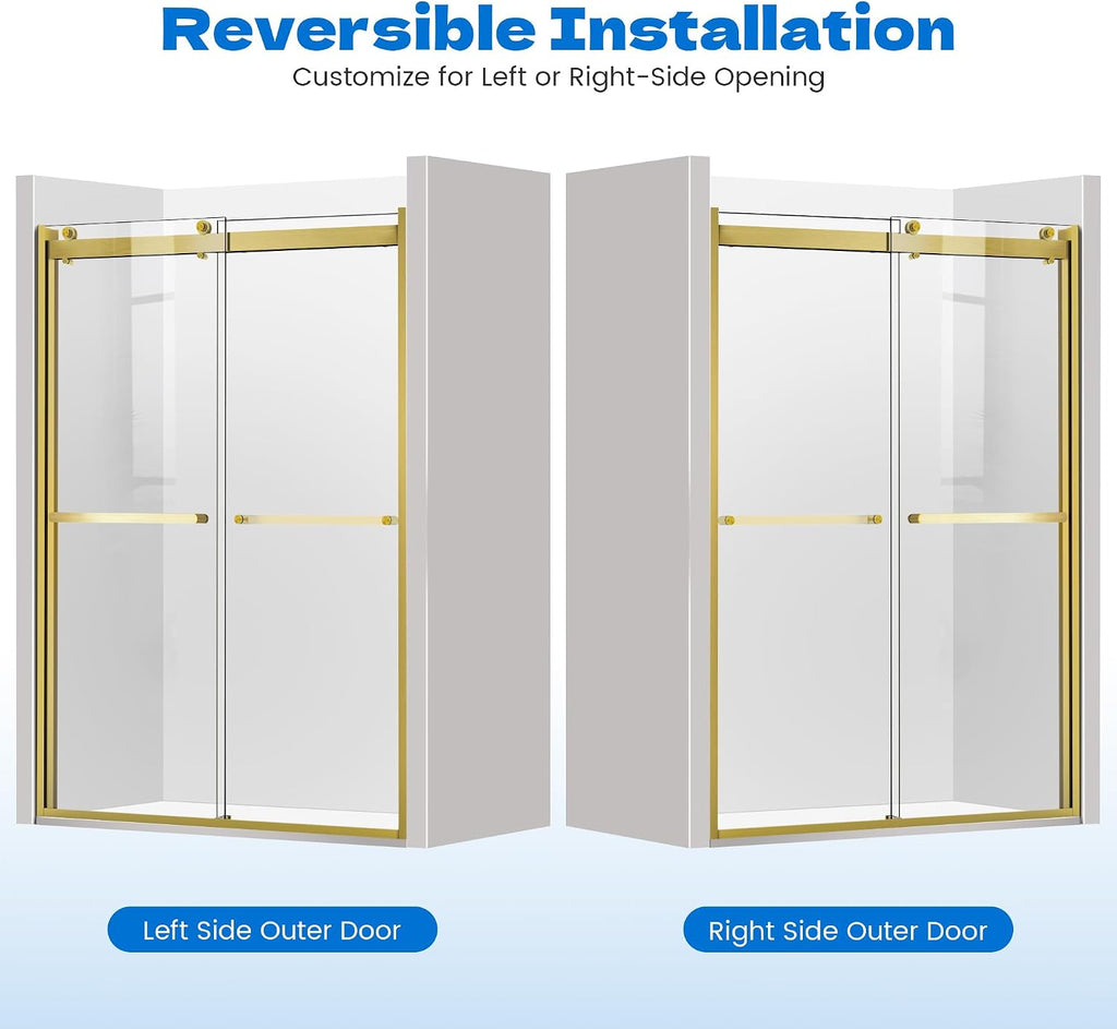 Sliding Shower Door, 48' W x 76' H Semi-Frameless Double Sliding Glass Shower Door with 5/16'' (8mm) Clear ASNI SGCC Tempered Glass, Bypass Shower Enclosure, Brushed Gold