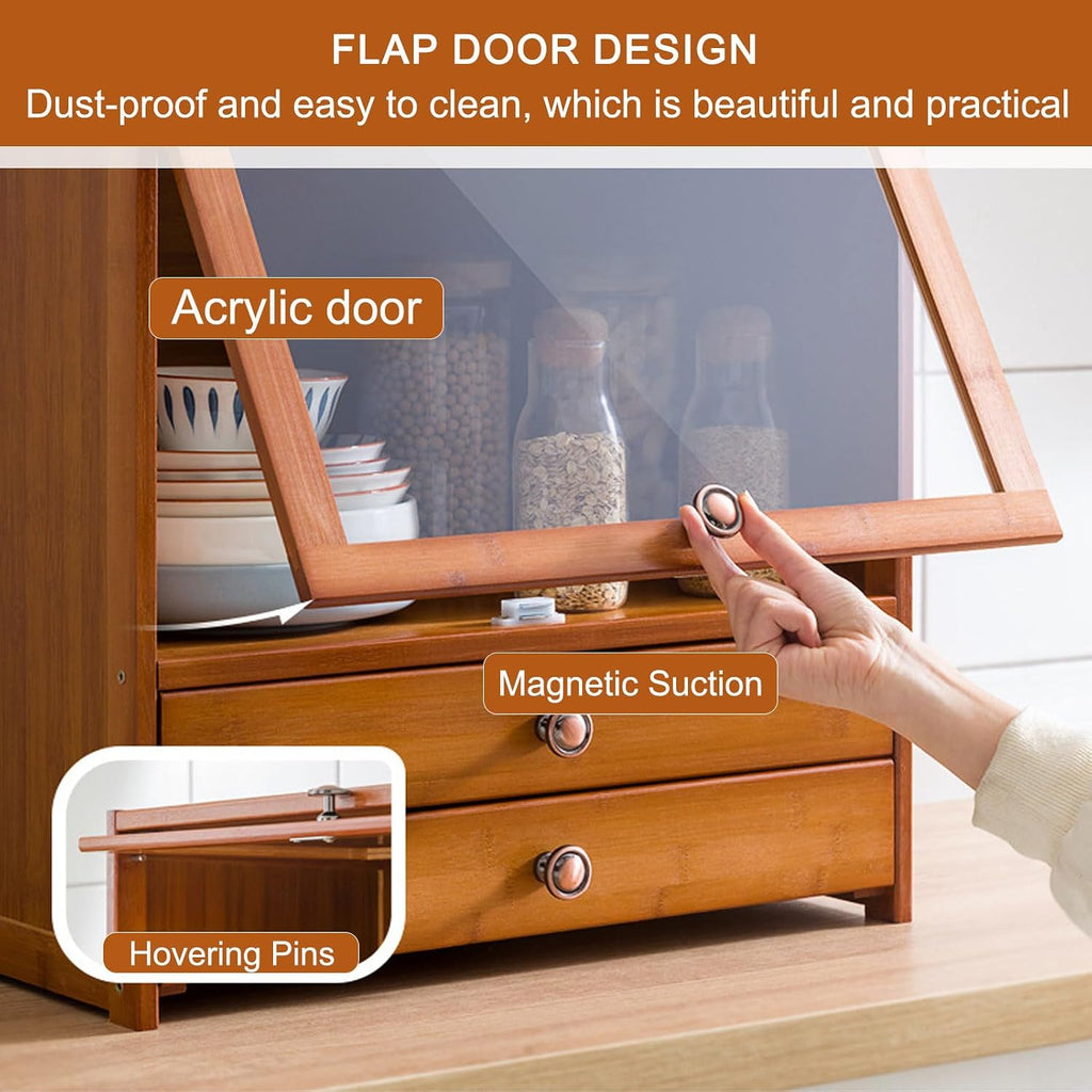 Storage Cabinet for Kitchen, Countertop Small Bamboo Kitchen Pantry Sideboard, with Flip-Top Door and Drawer, Use for Spice Seasoning Bottles, Cups Storage Cabinet,42×52cm/16.5×20in