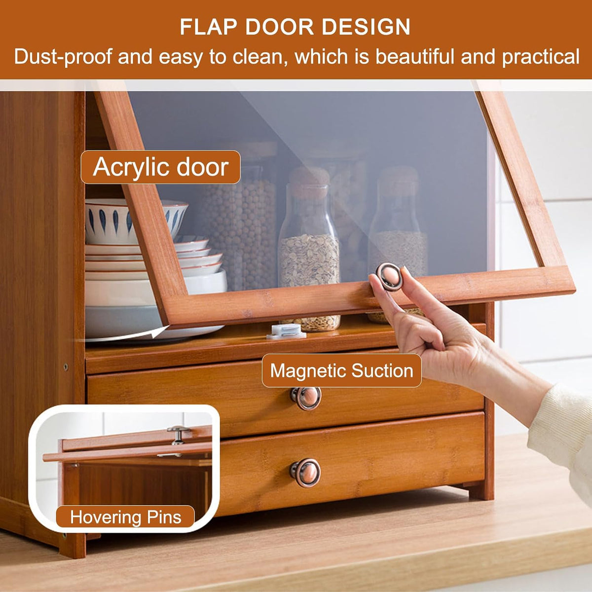 Storage Cabinet for Kitchen, Countertop Small Bamboo Kitchen Pantry Sideboard, with Flip-Top Door and Drawer, Use for Spice Seasoning Bottles, Cups Storage Cabinet,42×52cm/16.5×20in