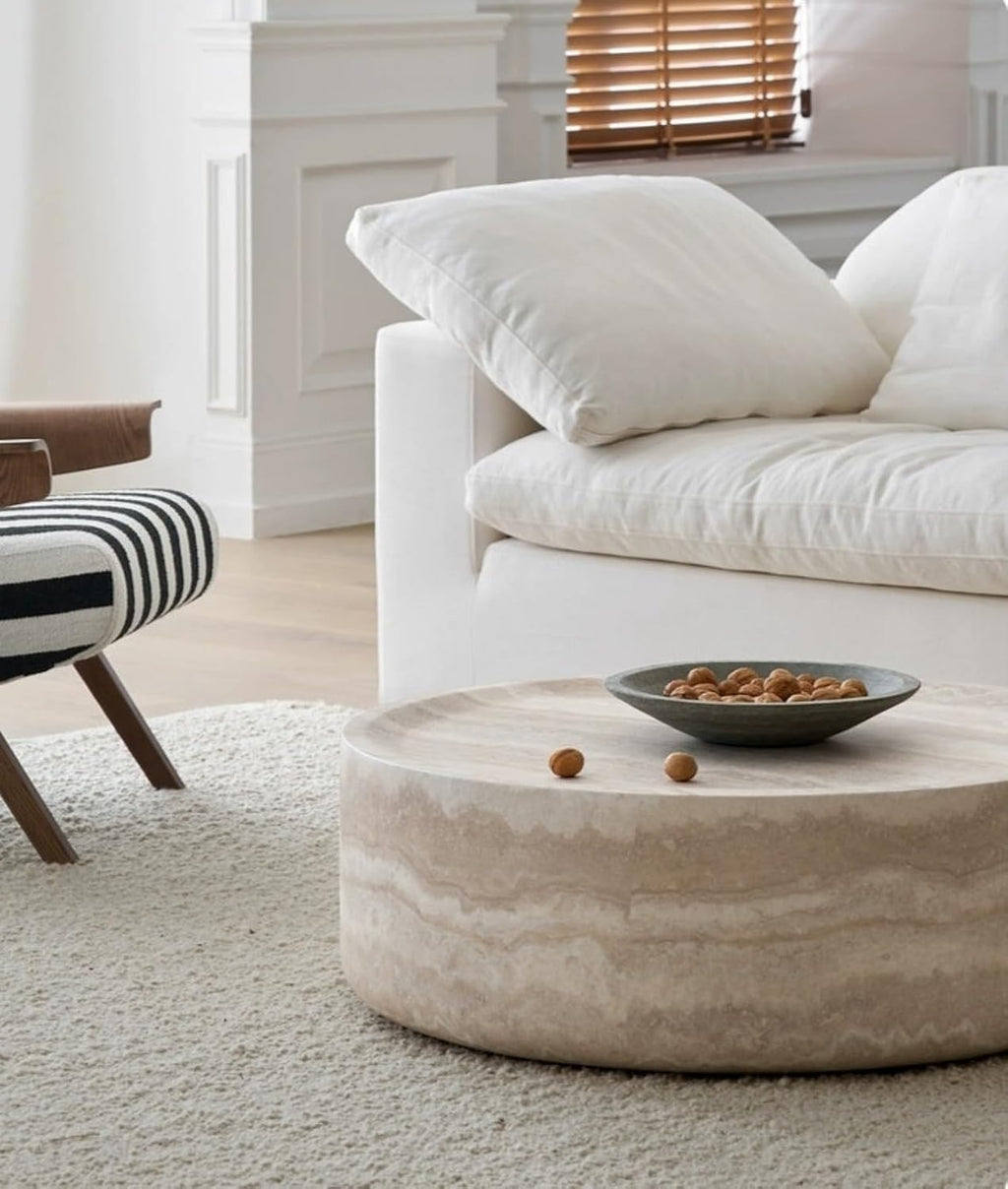 35.43' Faux Mars Pattern Round Coffee Table, Faux Travertine Textured Fiberglass Coffee Table for Living Room, No Assembly Required