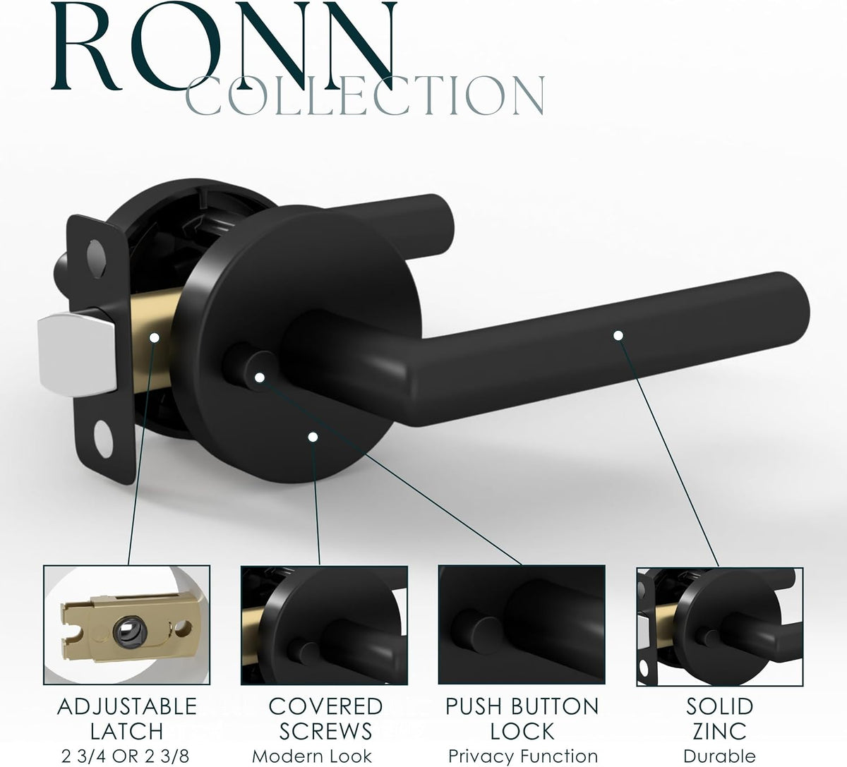 Mega Handles Ronn Privacy Door Handle - 3 Pack Reversible Interior Black Door Handle, Heavy Duty Bed & Bath Door Handles with Privacy Door Lock, Fits All Standard Doors - Matte Black
