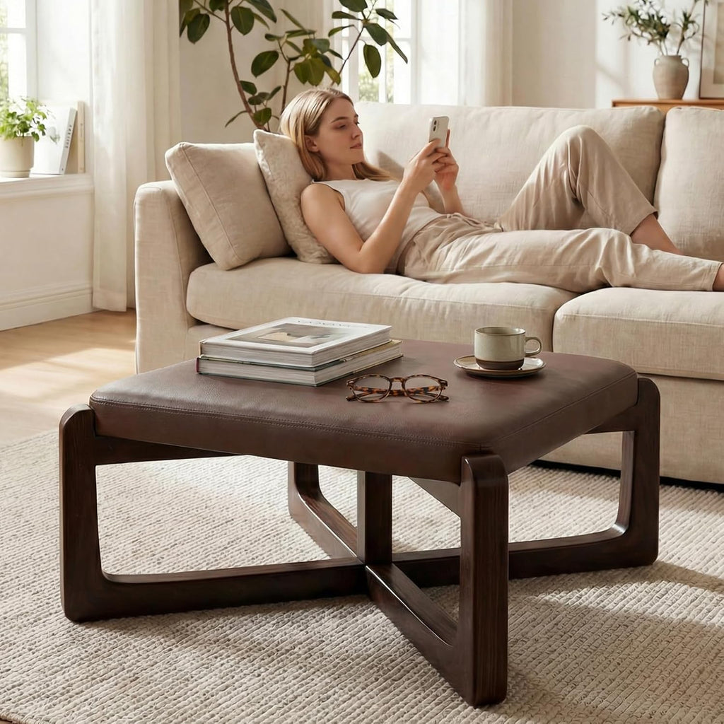 Faux Leather Square Coffee Table Ottoman,24' Coffee Table for Living Room Ottoman,Ash Wood Living Room Table,Small Footstool (Dark Brown)