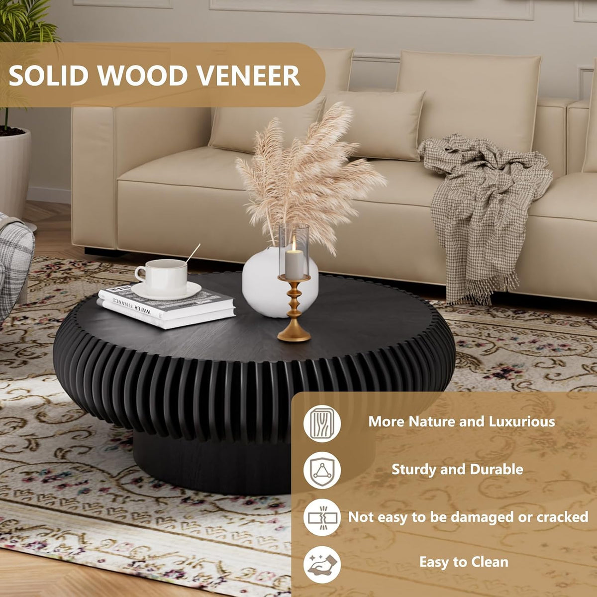 Round Handcraft Fluted Coffee Table with Sturdy Stable Pedestal Modern Luxury Drum Center Table Circle Accent Base Center Tables for Living Room Apartment (N)