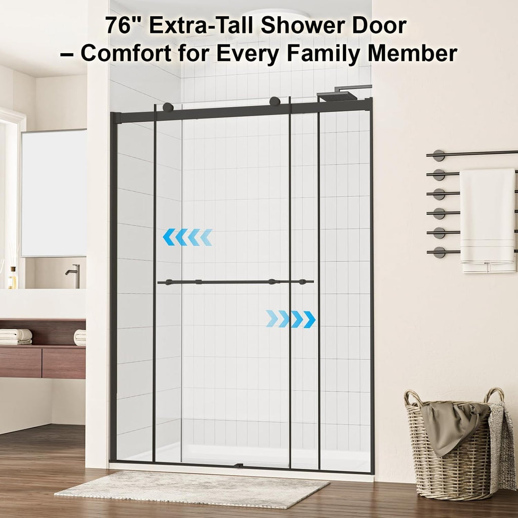 Bathbliss Frameless Sliding Shower Door, 48' W×76' H Matte Black Shower Door, 5/16'(8mm) Clear Tempered Glass with Easy-Clean Coating and Towel Holder