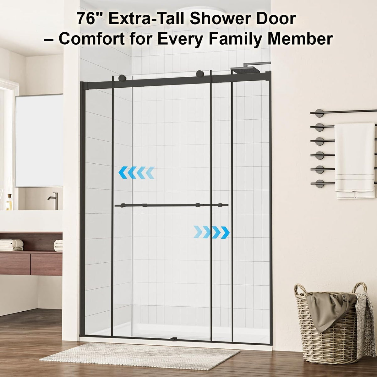 Bathbliss Frameless Sliding Shower Door, 48' W×76' H Matte Black Shower Door, 5/16'(8mm) Clear Tempered Glass with Easy-Clean Coating and Towel Holder