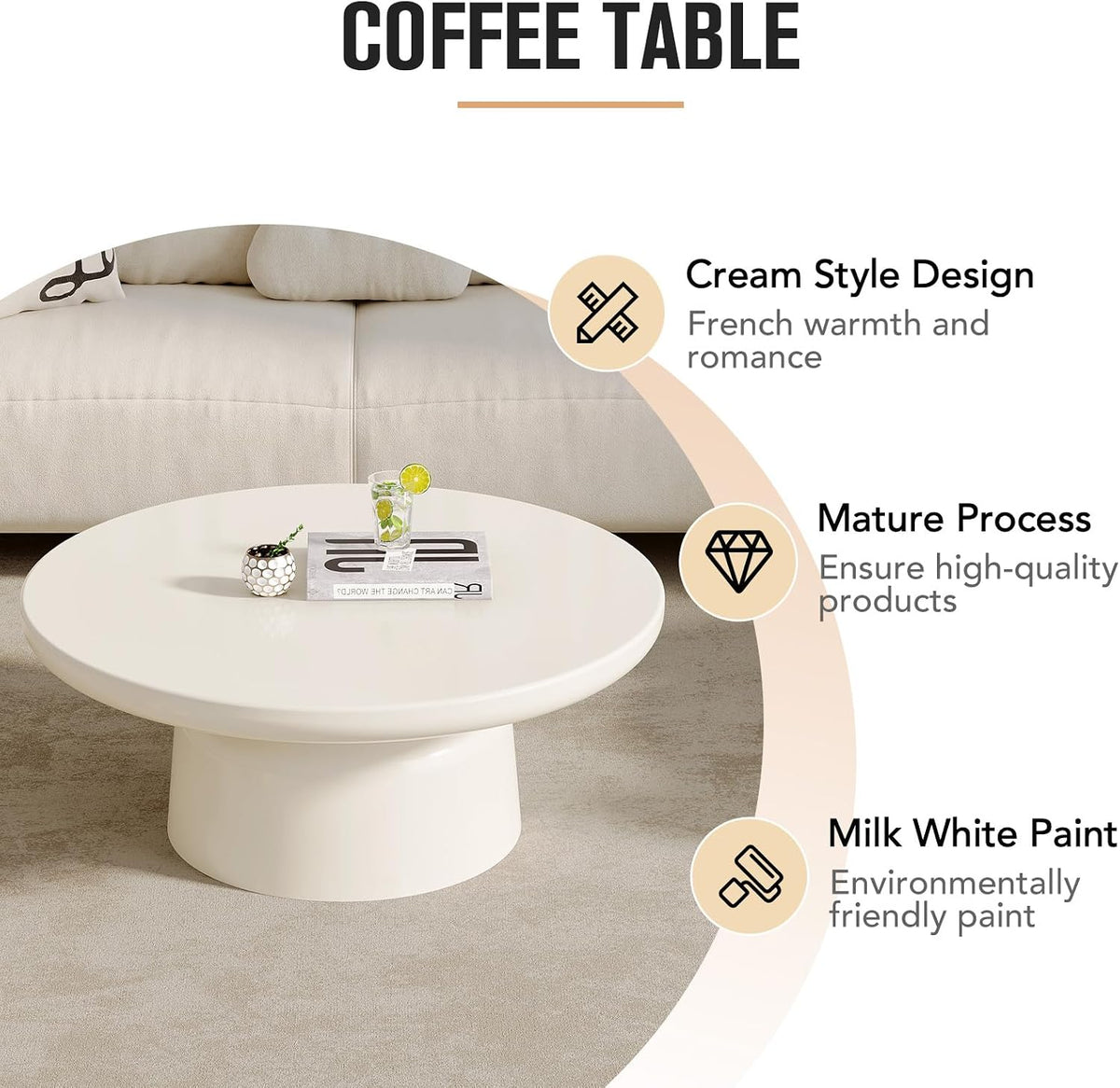 White Center Table, Round Coffee Table, Modern End Table for Living Room, Home Office, Easy Assembly