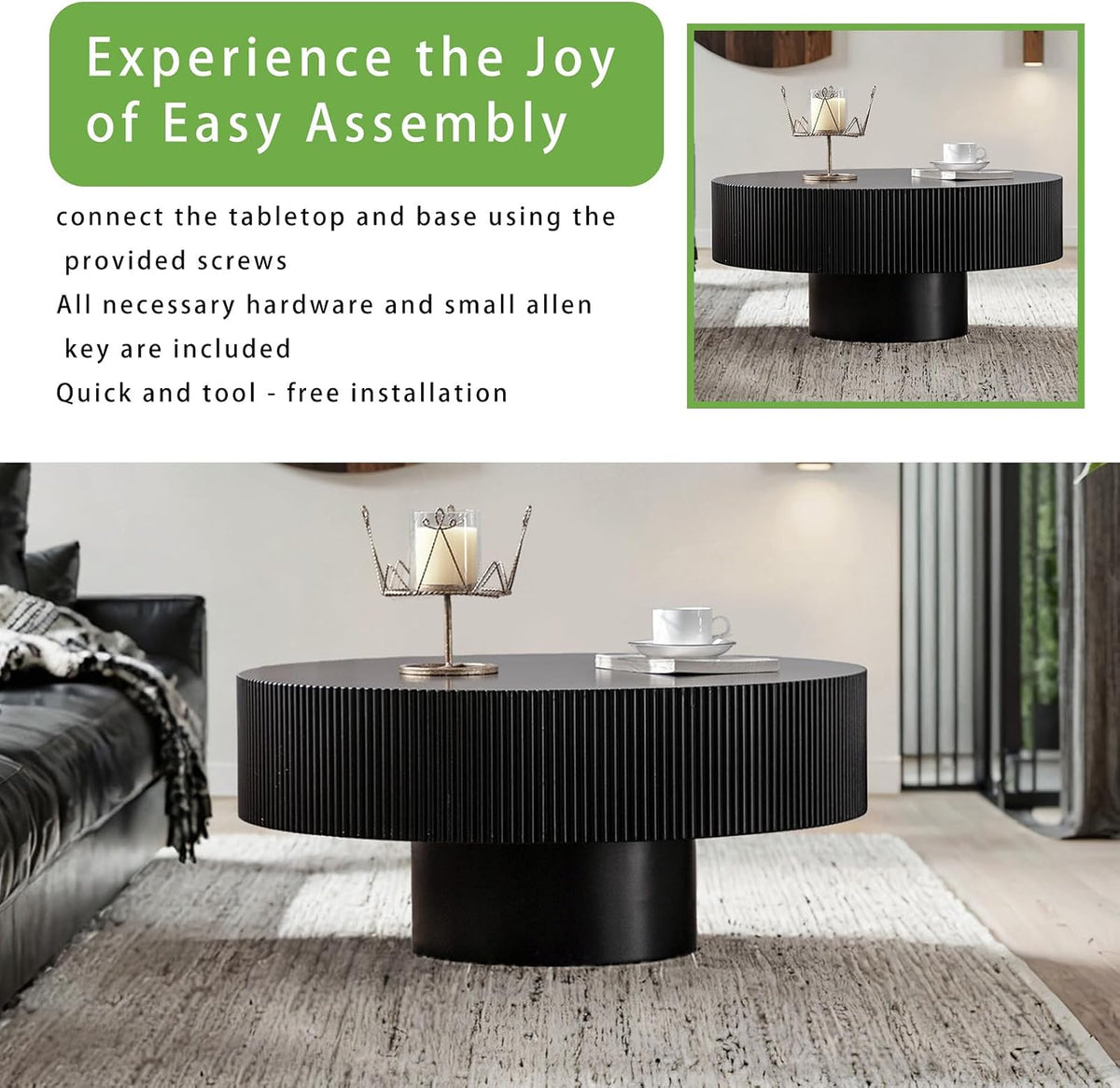 Modern Round Coffee Table for Living Room Drum Round Fluted Coffee Table Circular Pedestal Center Table for Office Patio (Black Thick)