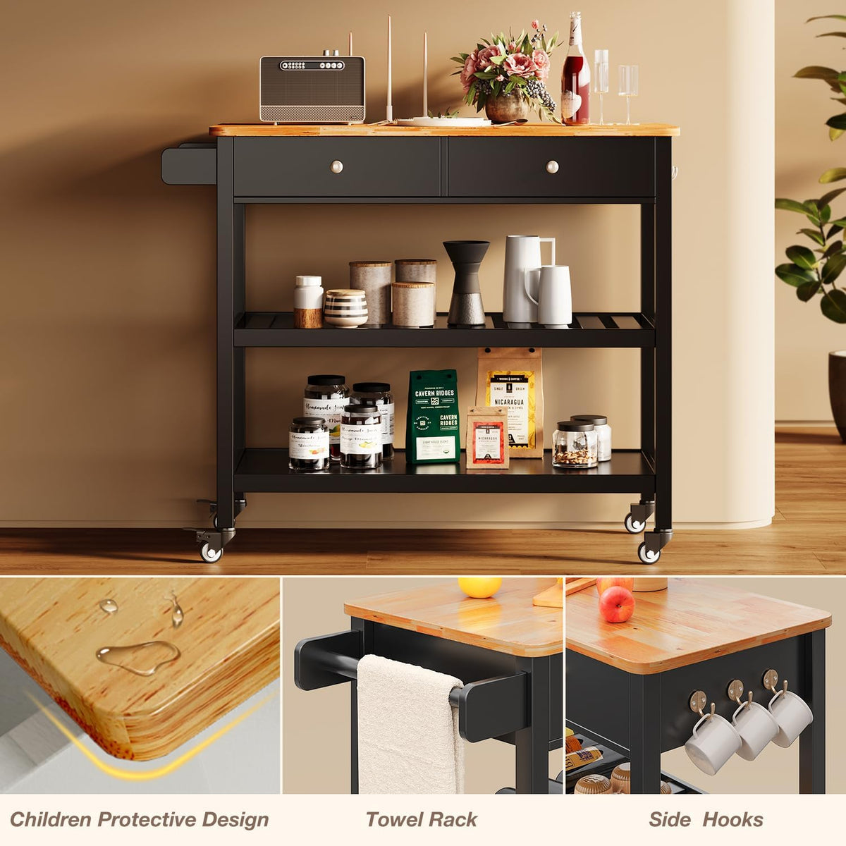 Gizoon Kitchen Island Cart with Storage, 40'' Wooden Top, 2 Tiers Spacious Shelves and Towel Bar, 2 Drawer Mobile Trolley Cart On Metal Wheels with Hooks for Dining Room, Bar, Outdoor, Black