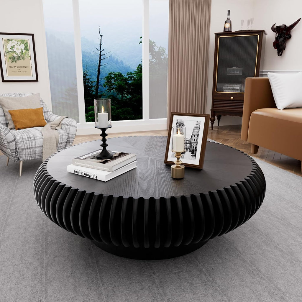 Black Round Drum Coffee Table Modern Circle Drum Fluted Wood Tea Table, Contemporary Center Table for Living Room (A Black 39.37' inch)