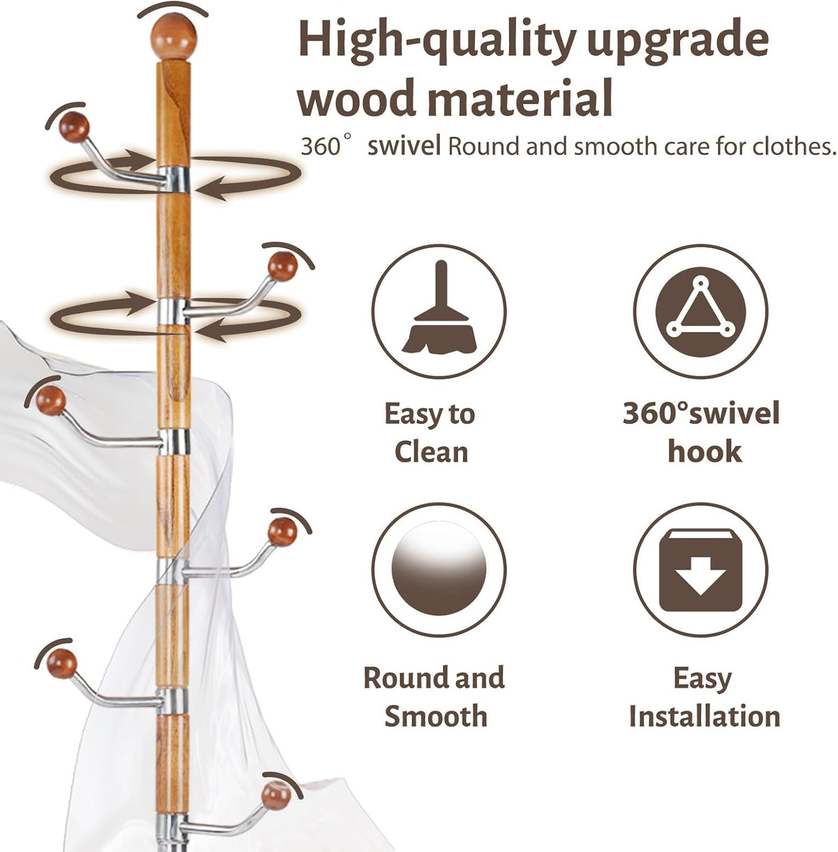 Coat Rack Freestanding, Metal Wooden Coat Tree with 6 Hooks, Heavy Duty Coat Hanger Stand with Resin and Stainless Steel Base, Free Standing Hall Tree for Scarf, Bag, Jacket (Metal)