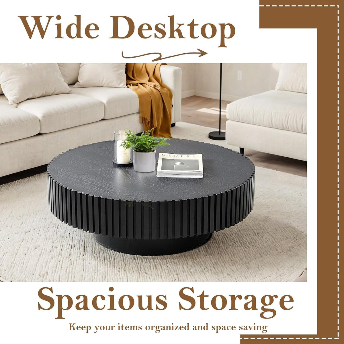 31.5' Round Drum Fluted Coffee Table for Living Room Modern Circle Coffee Table with Pedestal Center Tables Fluted Accent Tea Tables for Apartment Living Room (G)