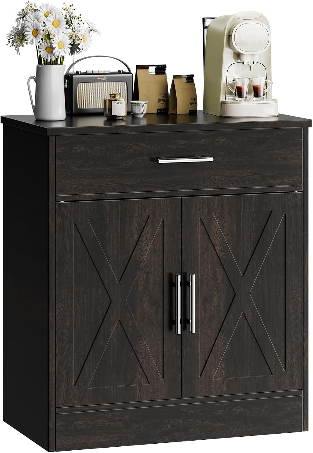 SUNLEI Kitchen Buffet Sideboard Cabinet, Wooden Storage Cabinet with 2 Doors and 1 Drawers, Adjustable Shelf, Modern Farmhouse Coffee Bar Cabinet with Storage for Kitchen, Rustic Brown