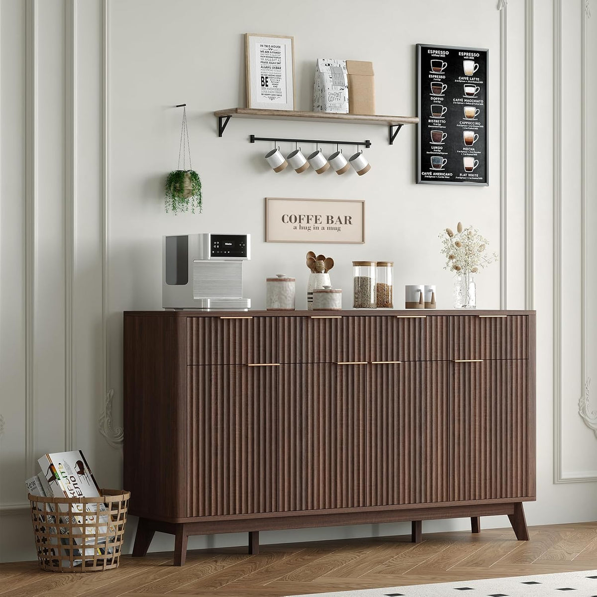 IDEALHOUSE 60' Large Farmhouse Sideboard Buffet Cabinet with Storage Drawers & Adjustable Shelves, Wood Fluted Buffet Storage Cabinet & Coffee Bar Console Table for Living Room & Kitchen Dining Room