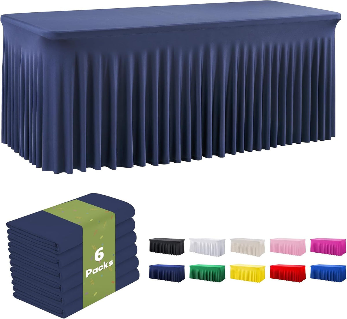 leegleri 6 Pack Navy Blue Spandex Tablecloths for 8 Foot Rectangle Tables, Wrinkle Free Fitted Table Cloths 8ft Stretchy Table Cloth Cover with Skirt for Parties Weddings Birthday Banquet Baby Shower