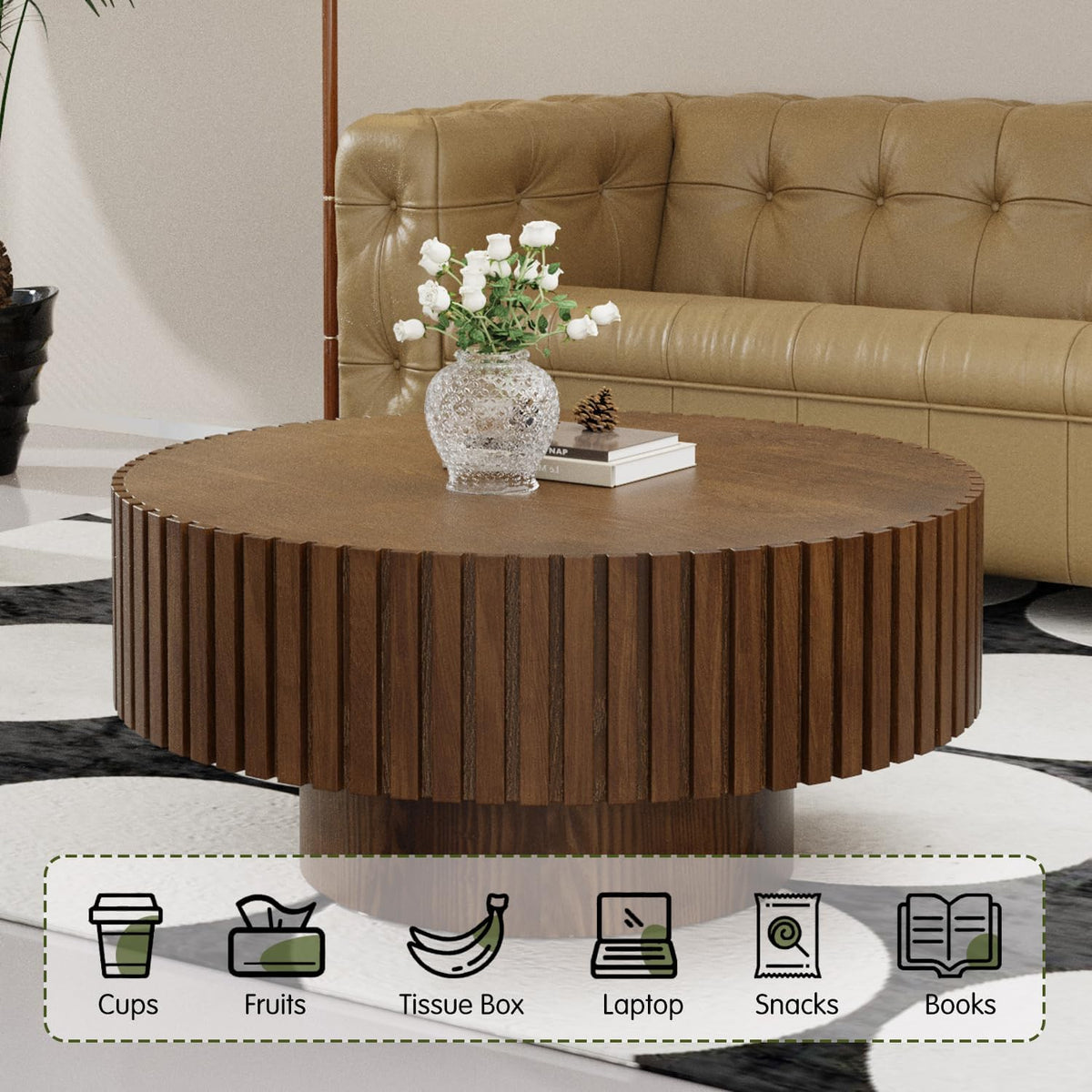Round Drum Coffee Table 31.5'' Handcraft Fluted Coffee Table Modern Unique Circle Accent Center Table for Living Room with Sturdy Pedestal Gear Easy Assembly for Small Space,31' Round Brown