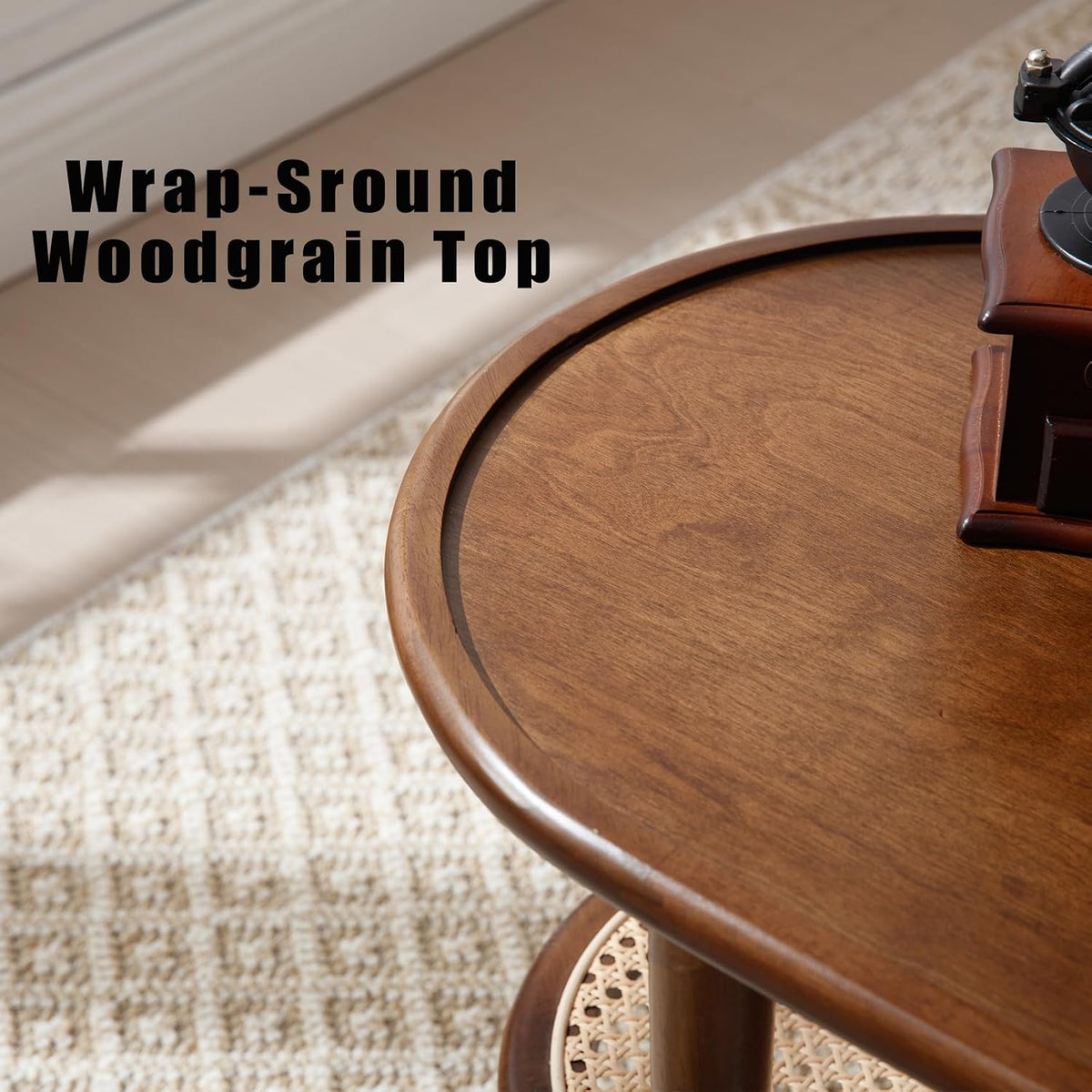 Rattan Wood Mid Century Modern Coffee Table, 39.5' Oval Coffee Table with Cane Wicker Storage Shelf for Living Room, Indoor, Home Décor, Walnut