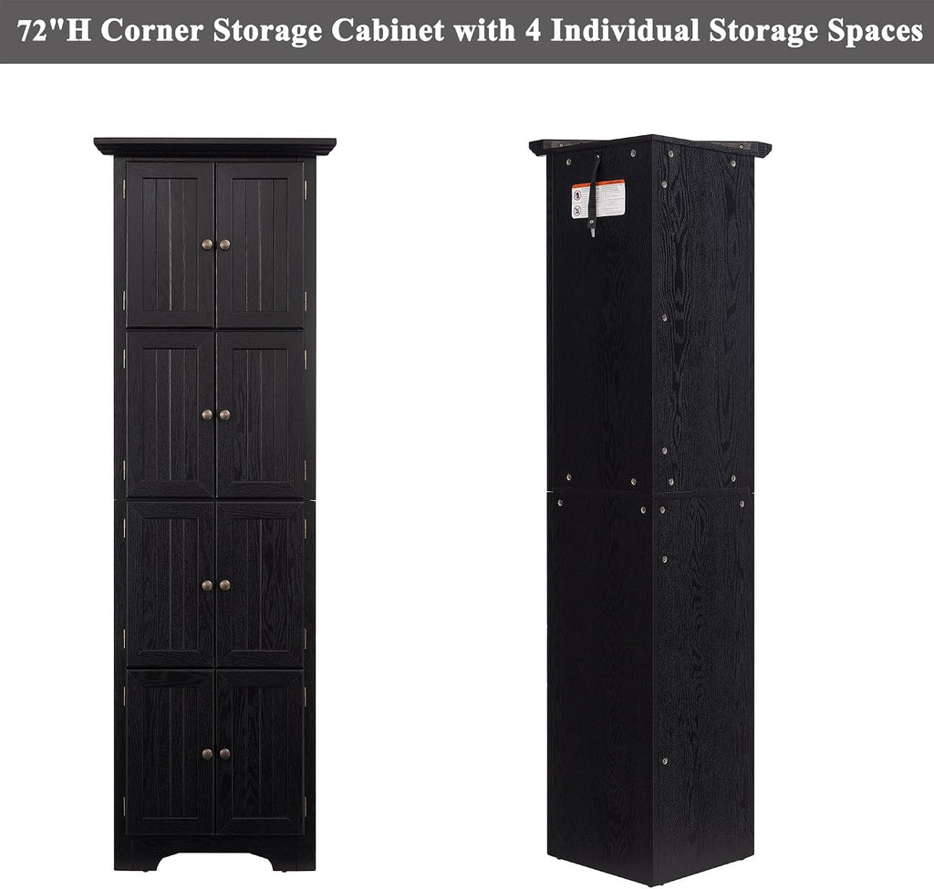 72' H Farmhouse Corner Storage Cabinet with 8 Doors & 4 Shelves, 4 Tier Kitchen Corner Pantry Cabinet Wooden Organizer Case Bookshelf, Home Space Saver Cabinet for Kitchen,Living Room(Black)