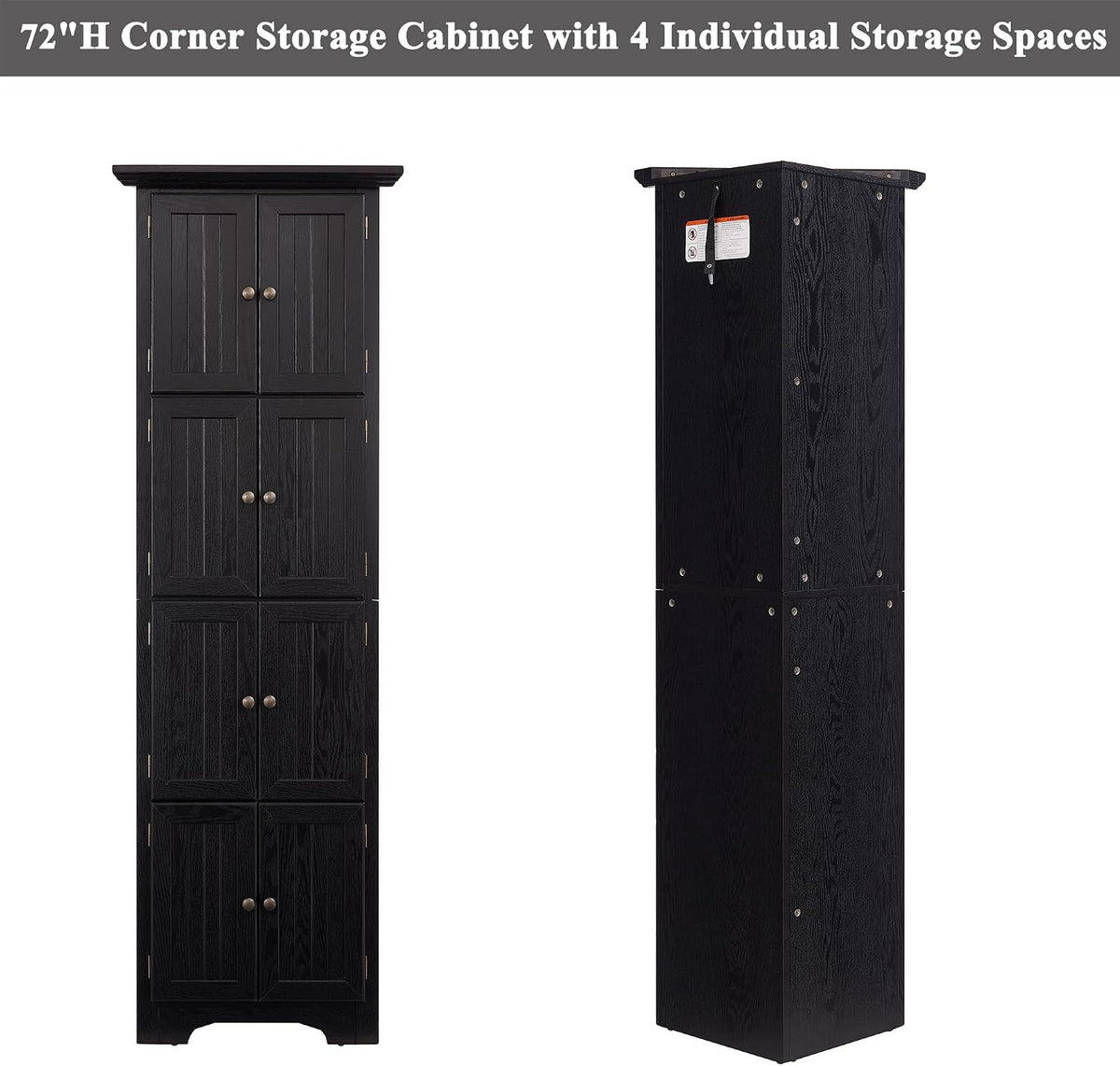 72' H Farmhouse Corner Storage Cabinet with 8 Doors & 4 Shelves, 4 Tier Kitchen Corner Pantry Cabinet Wooden Organizer Case Bookshelf, Home Space Saver Cabinet for Kitchen,Living Room(Black)