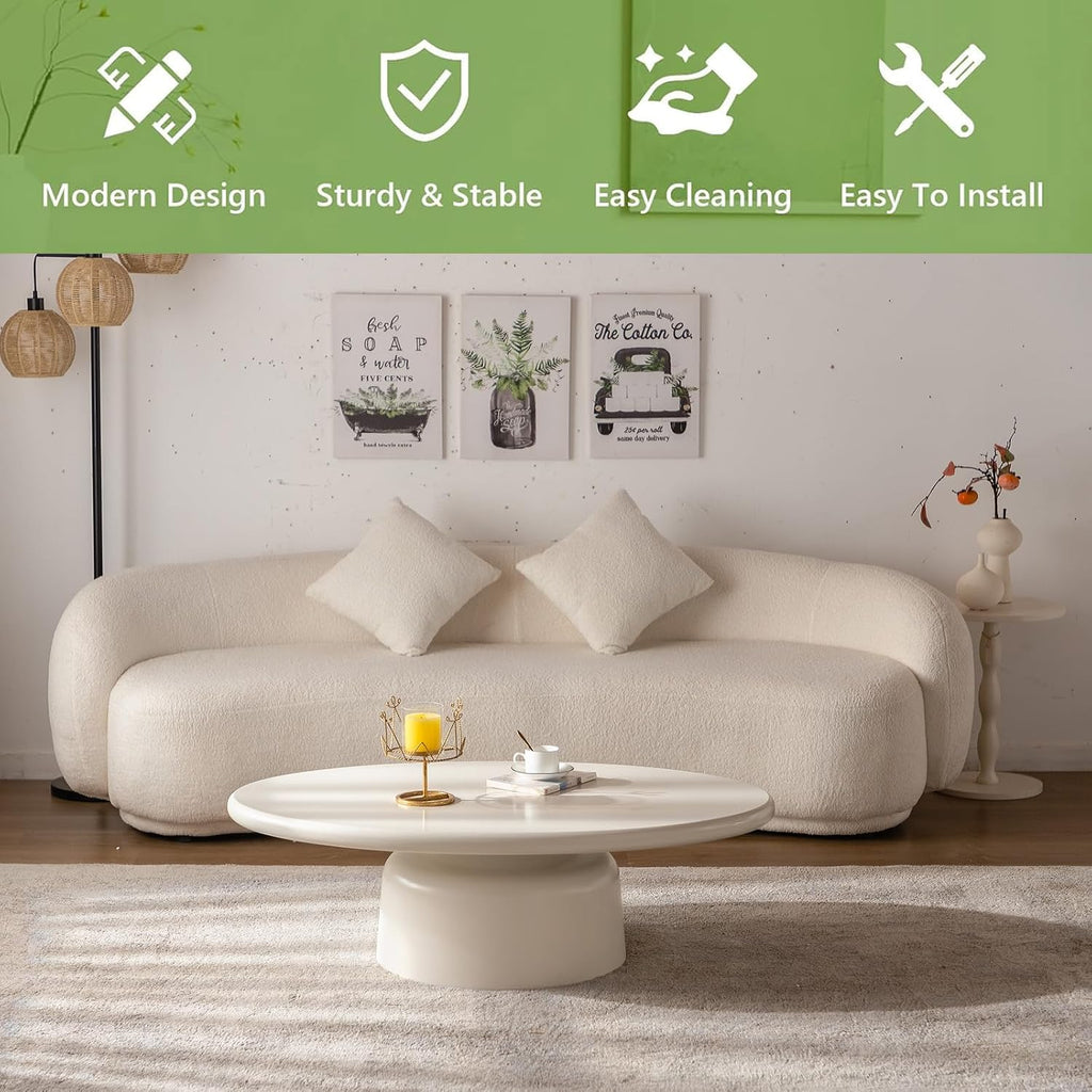 White Oval Coffee Table Modern Circle Center Table Circular Coffee Tables with Stable Pedestal, for Living Room, Bedroom, Farmhouse Outdoor Patio (Oval Coffee Table)