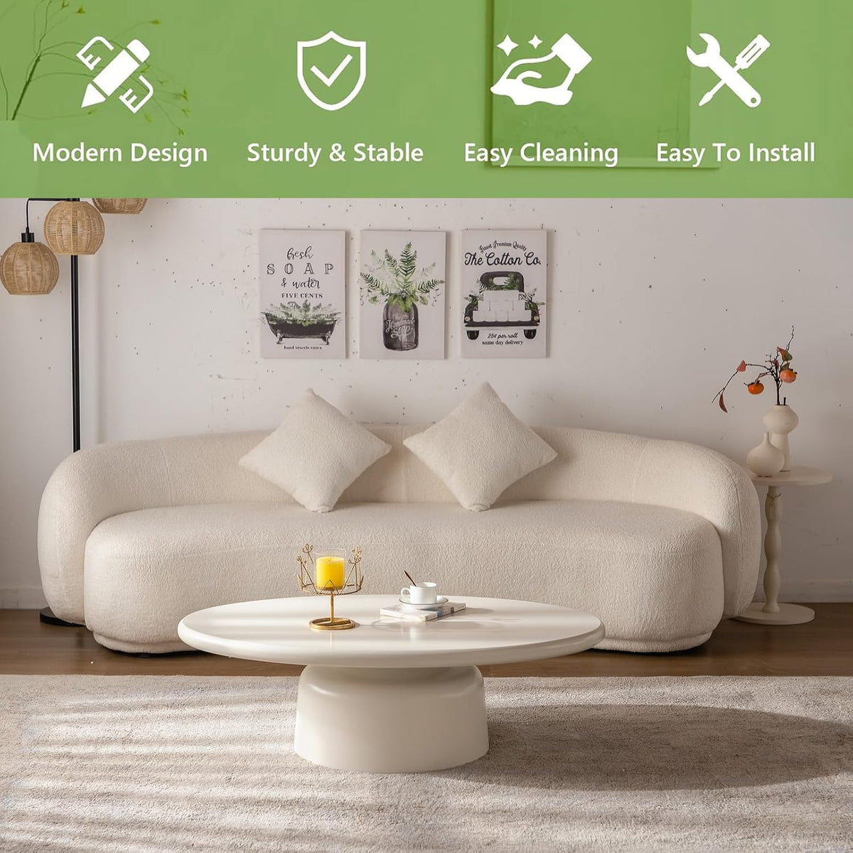 White Oval Coffee Table Modern Circle Center Table Circular Coffee Tables with Stable Pedestal, for Living Room, Bedroom, Farmhouse Outdoor Patio (Oval Coffee Table)