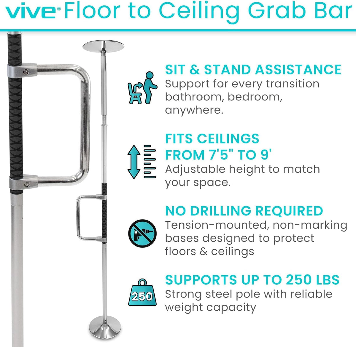 Vive Floor to Ceiling Grab Bar - Stand Assist Aid for Elderly - Shower Safety Bar for Seniors - Stand Assist Transfer Pole - Shower Support Pole - Toilet Rail for Disabled & Handicap Security