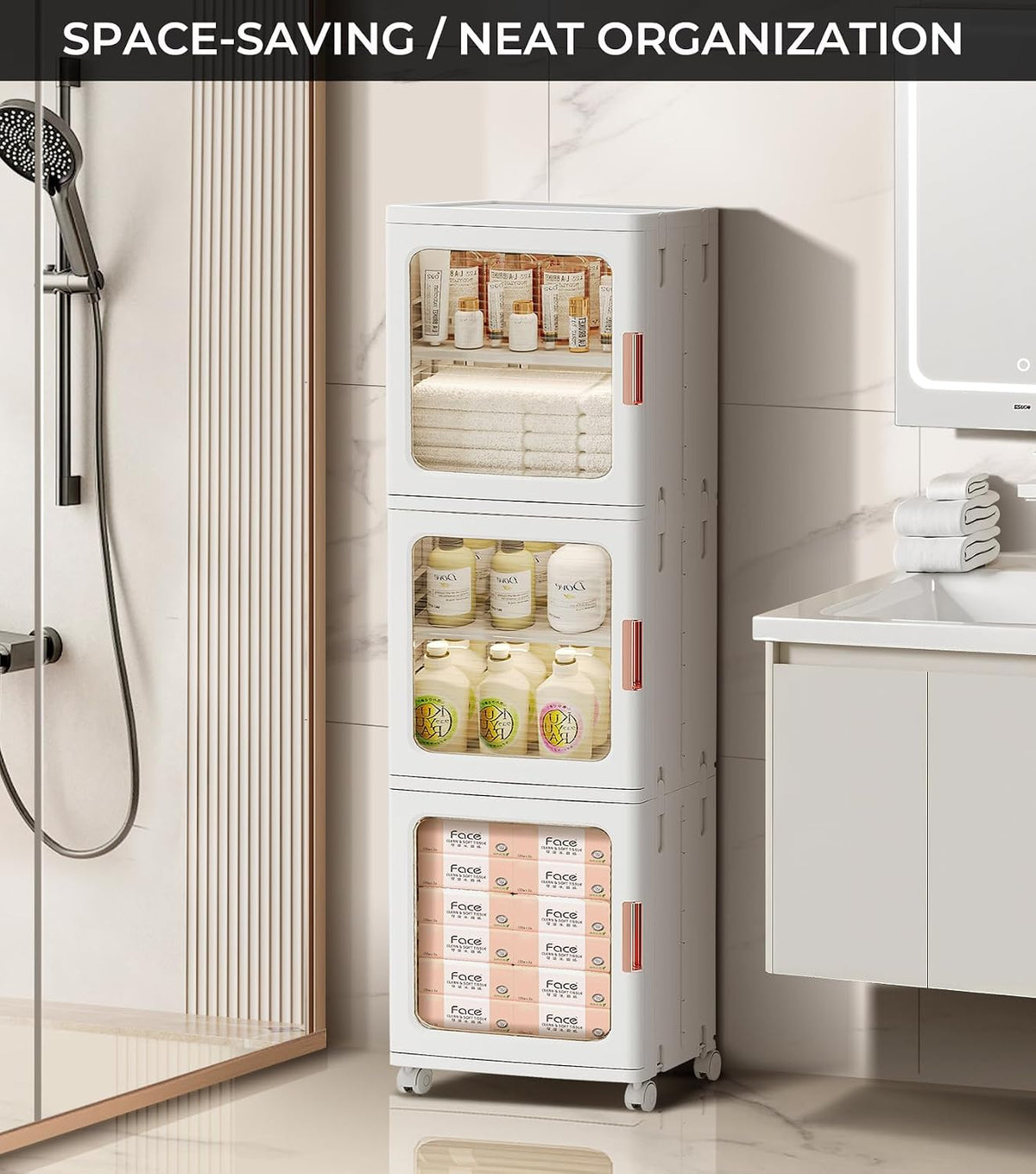3-Tier Slim Narrow Bathroom Storage Cabinet with Movable Wheels and Adjustable Shelves Plastic Cabinets with Doors Foldable Small Spaces Organizers for Kitchen Laundry Bedroom Pantry,White