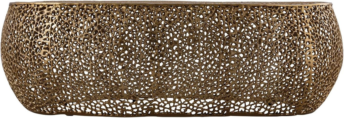 Oval Coffee Table with Iron Hollow Design in Black & Silver & Gold,Drum Tea Central Table for Living Room No Assemble