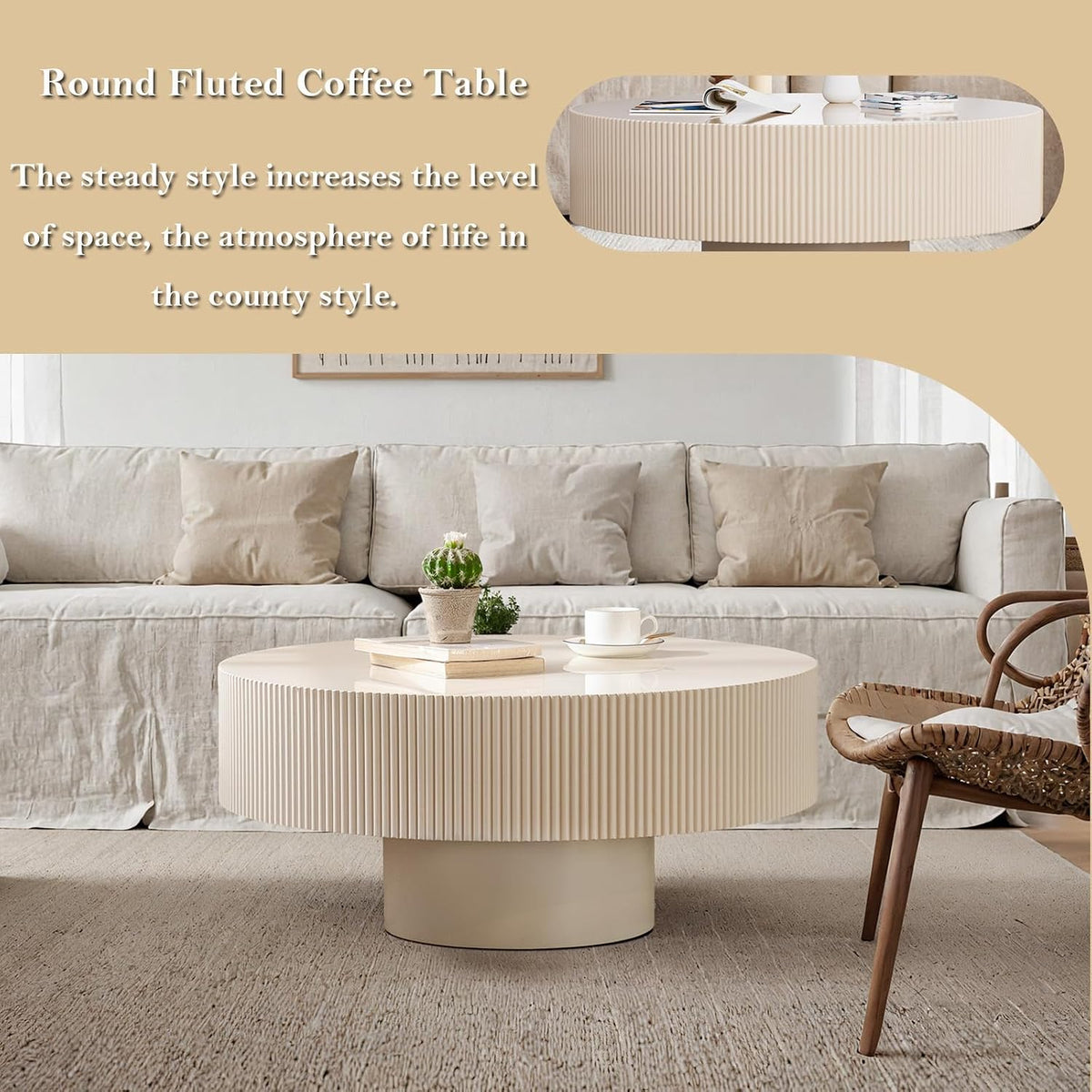 Round Drum Coffee Table 30.9'' Handcraft White Fluted Coffee Table with Sturdy Pedestal, Contemporary Style Small Accent Cocktail Center Tables for Living Room Office (C30.9in)