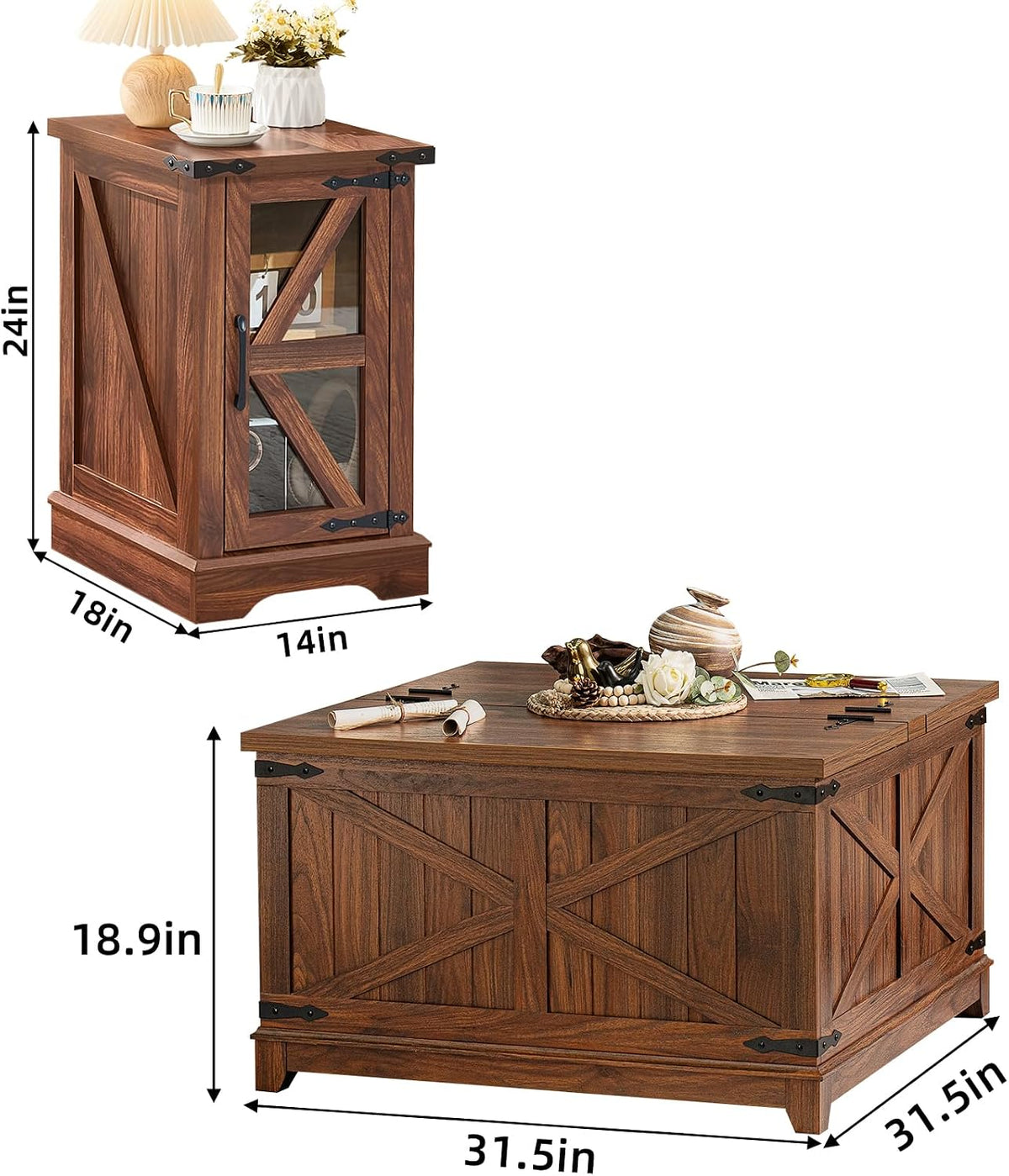 Joaxswe Farmhouse Coffee Table Sets 3 Pieces, Narrow Night Stand with Glass Barn Door Storage, Large Coffee Tables with Hidden Storage Organizer, Wood Furniture Sets for Living Room, Office, Brown
