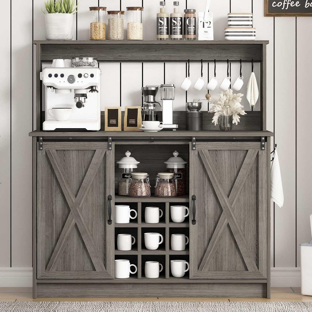 4ever2buy Farmhouse Coffee Bar Cabinet with 9 Wine Racks and 6 Hooks, 47 Inch Wine Cabinet with Storage, Kitchen Buffet Cabinet with Adjustable Shelves for Living Dining Room, Grey