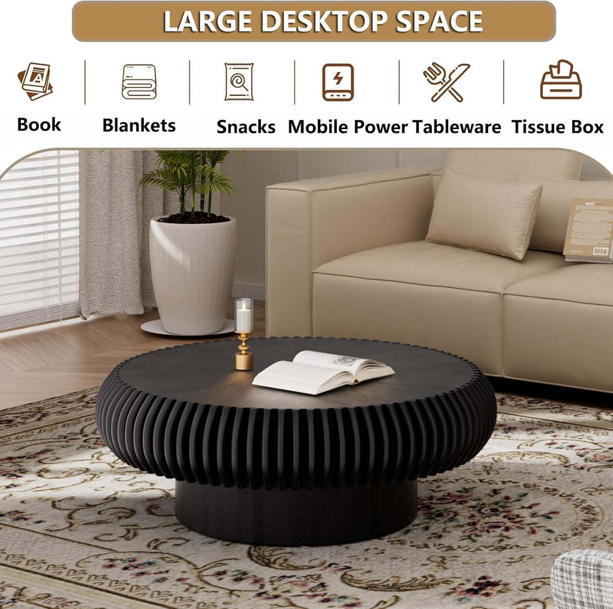 Round Handcraft Fluted Coffee Table with Sturdy Stable Pedestal Modern Luxury Drum Center Table Circle Accent Base Center Tables for Living Room Apartment (N)